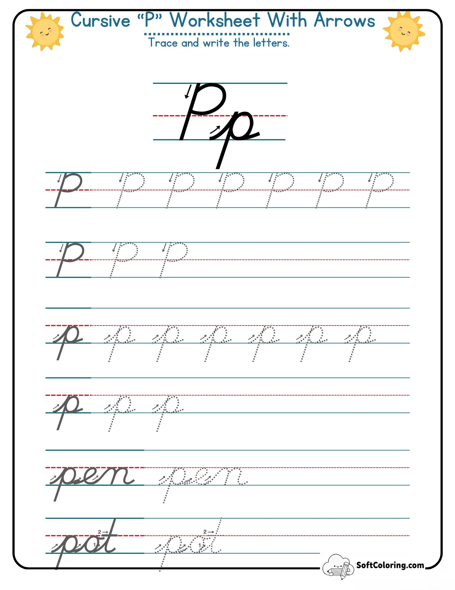 Cursive P Worksheet With Arrows