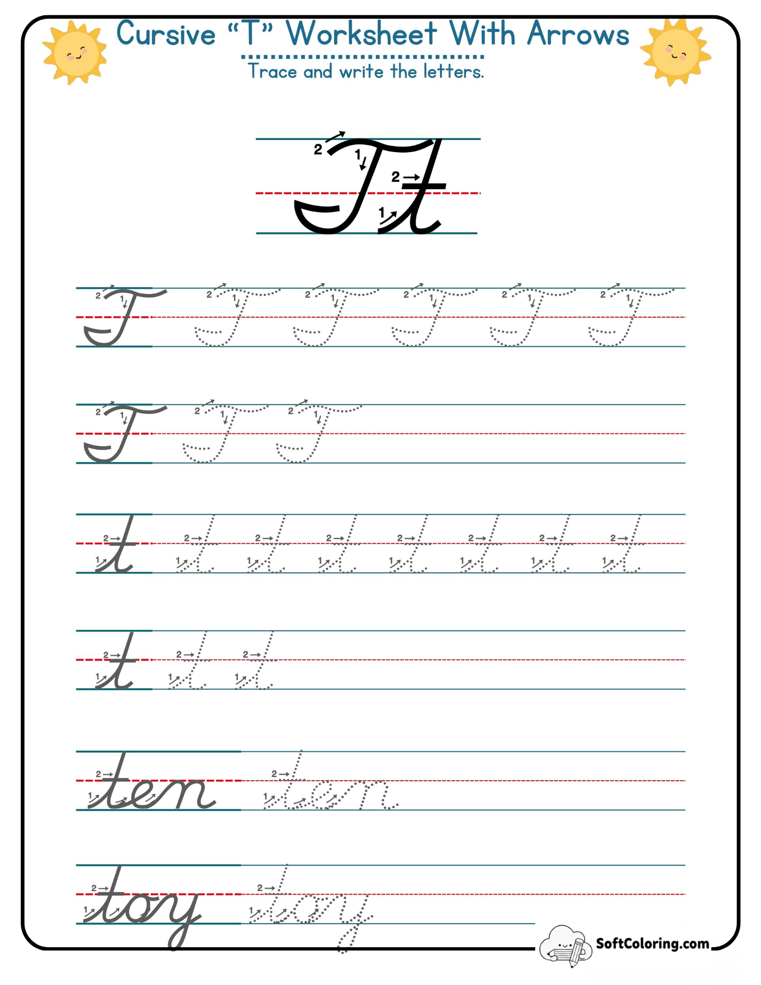 Cursive T Worksheet With Arrows