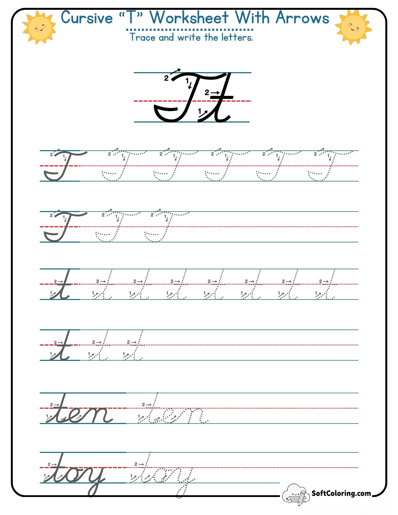 Cursive T Worksheet With Arrows