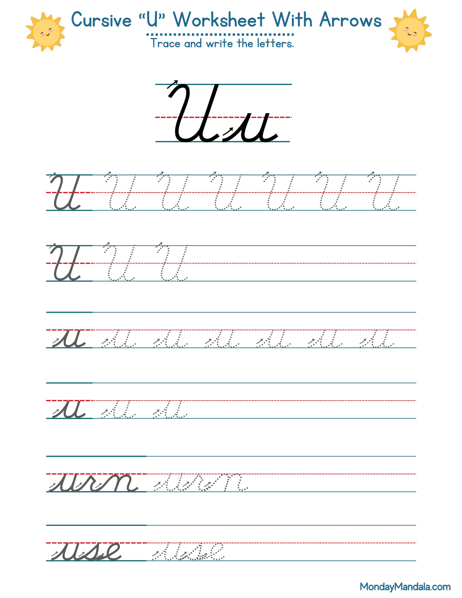 Cursive U Worksheet With Arrows