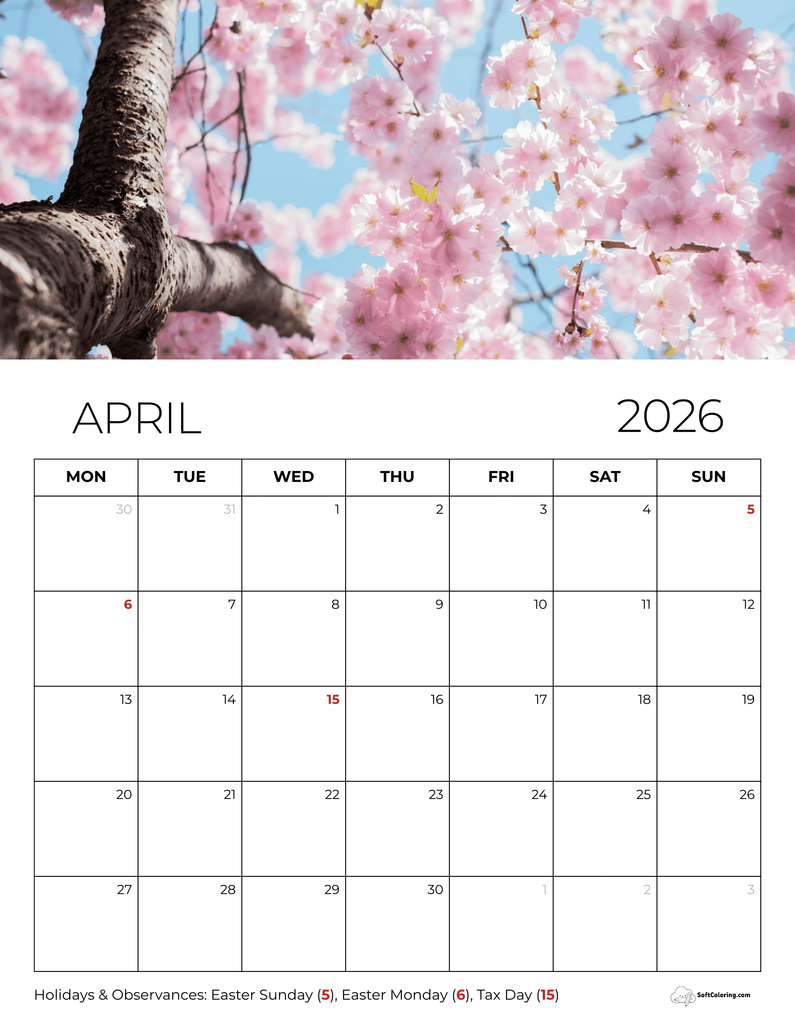 Printable April 2026 Calendar