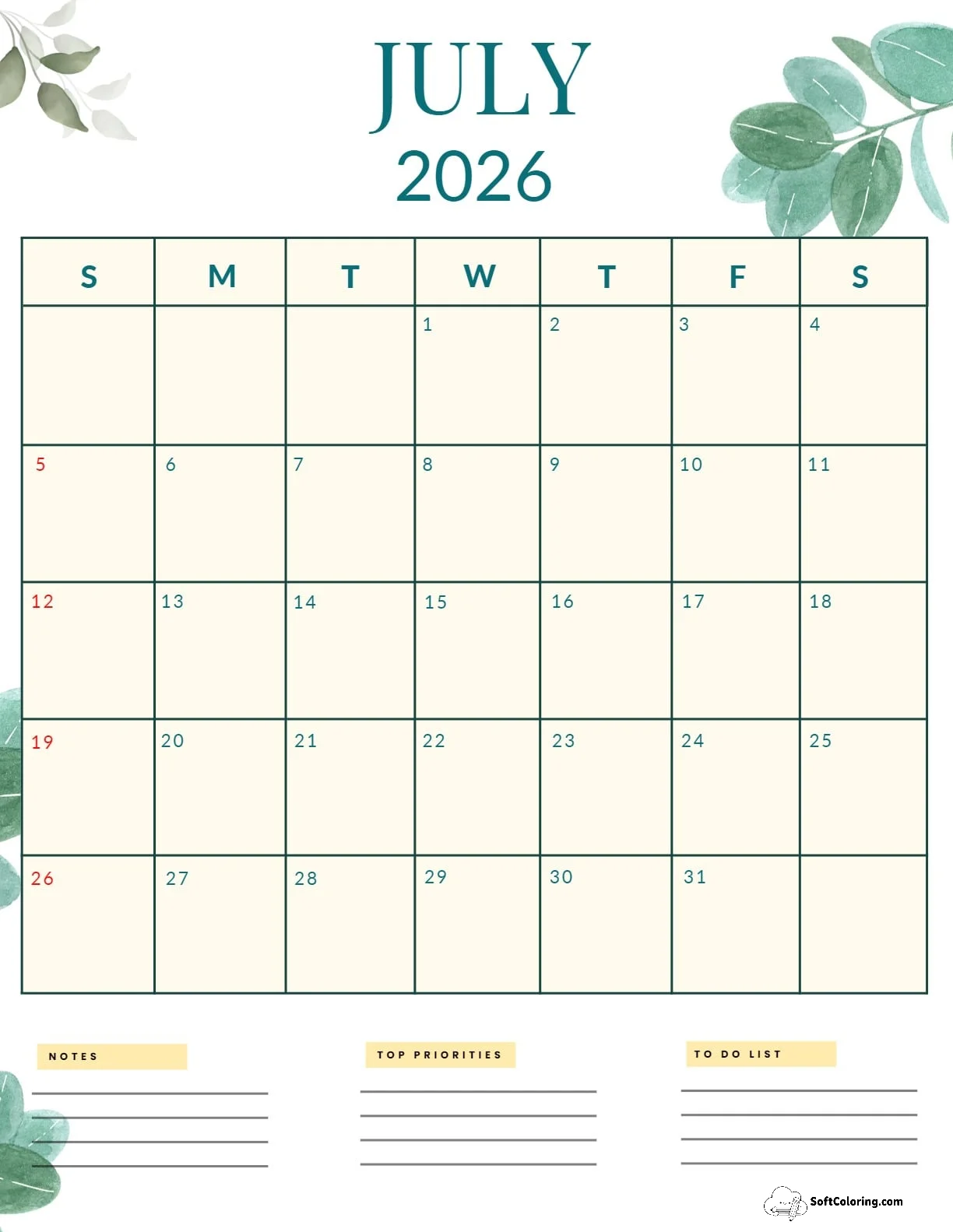 Printable July 2026 Calendar