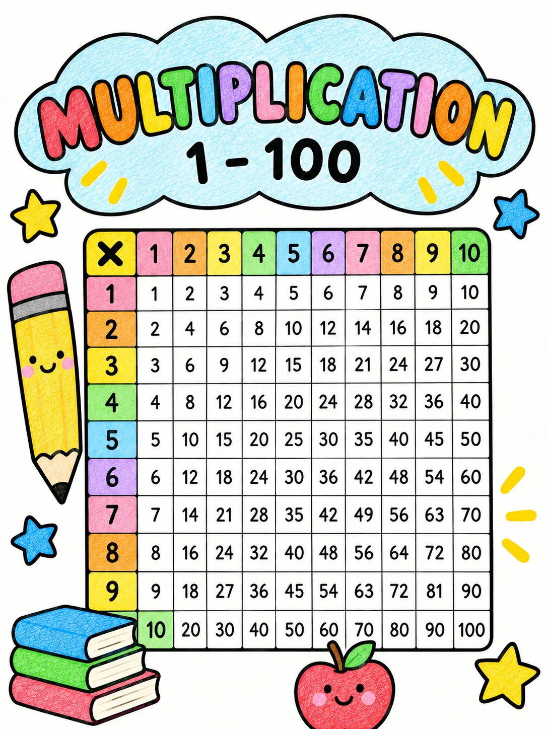 1-100 Multiplication Charts