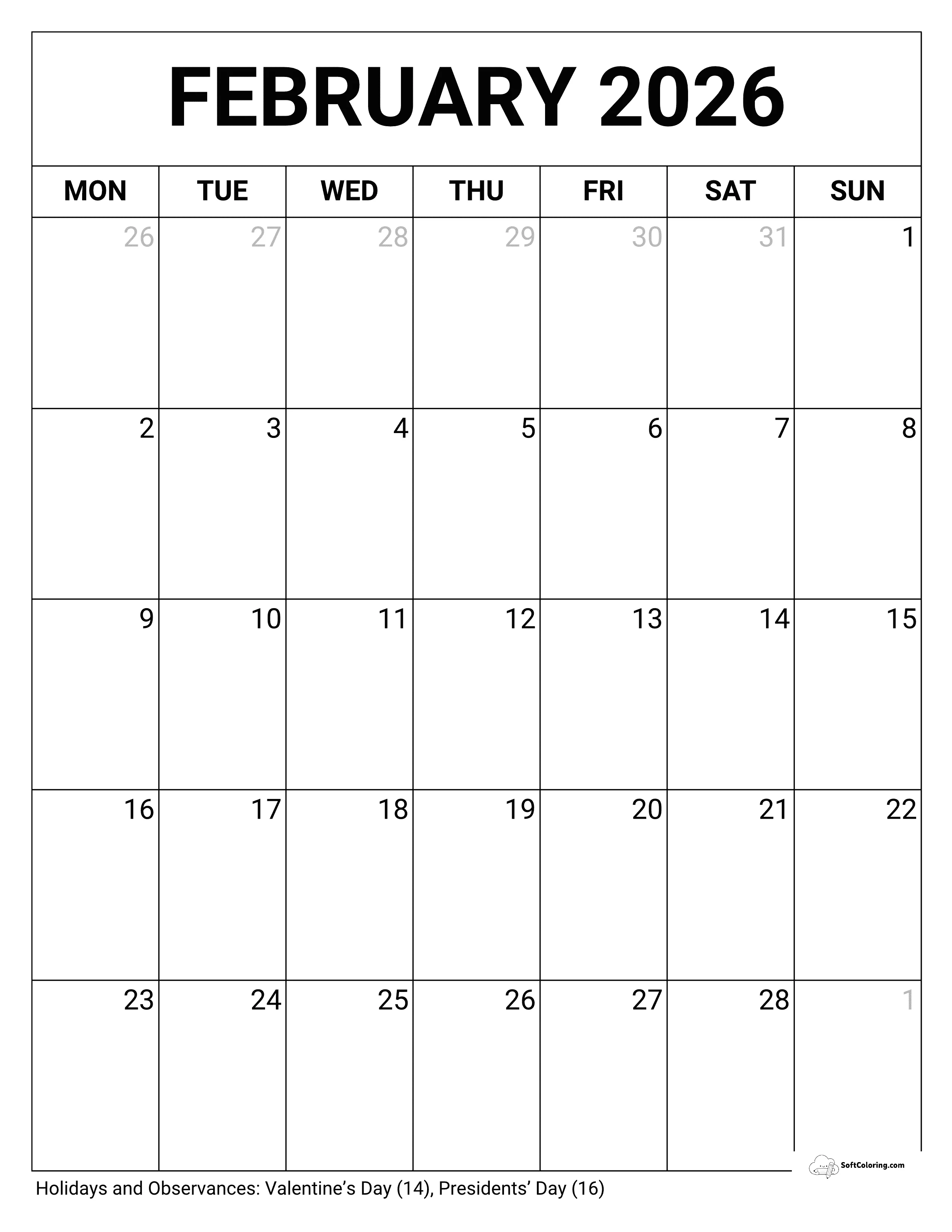 February 2026 Calendar Printable