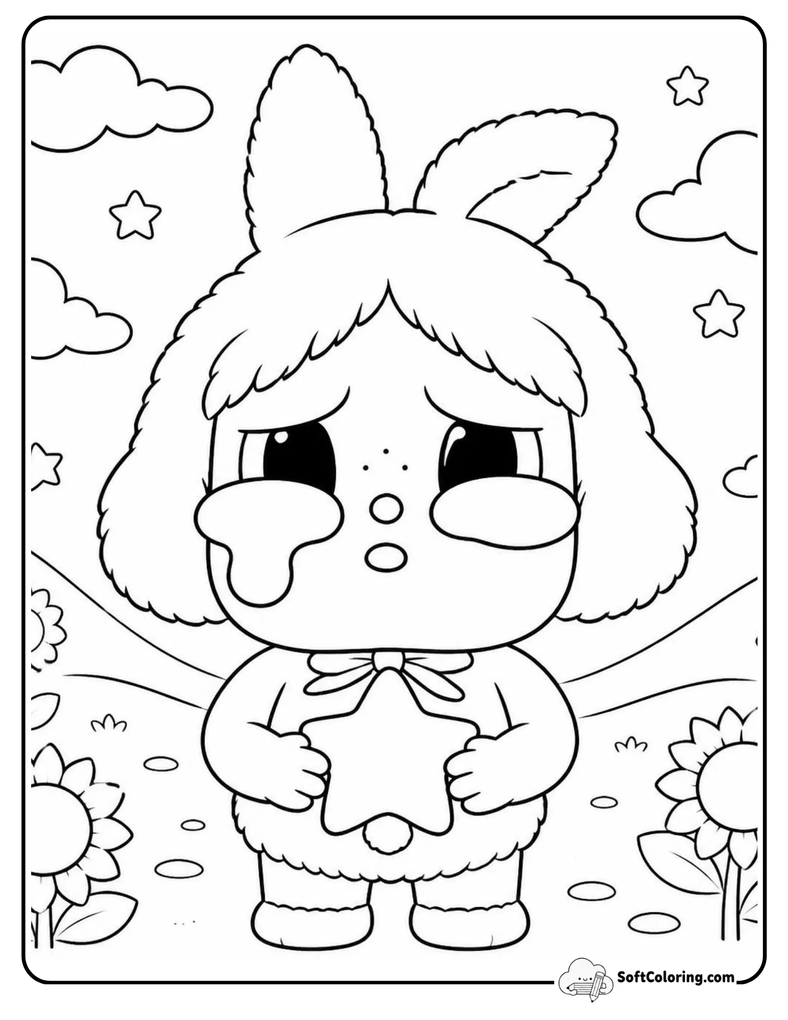 Cry Baby Popmart Bunny Ears Holding Star In Meadow Coloring Page
