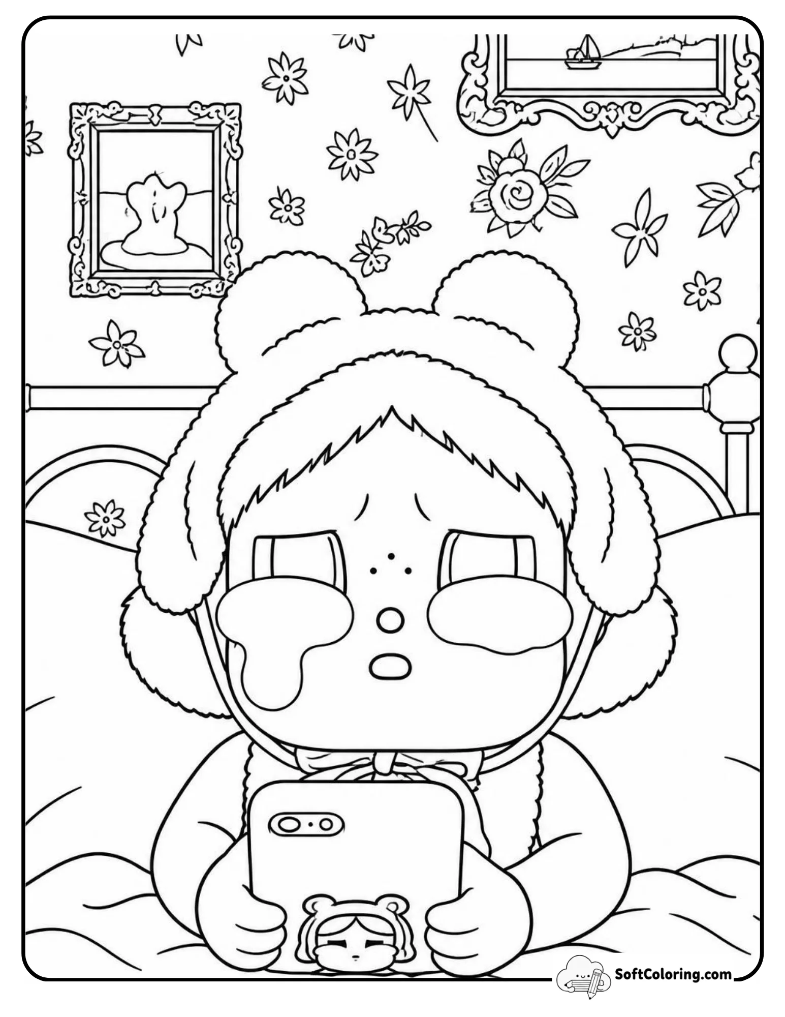 Cry Baby Popmart With Phone In Bedroom Coloring Page