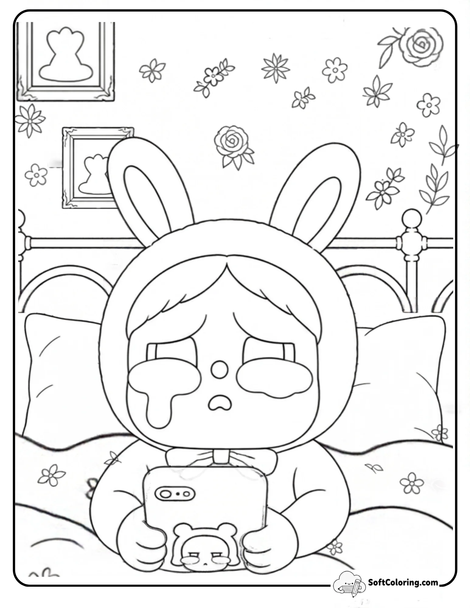Cry Baby Popmart In Bunny Onesie Using Phone Coloring Page
