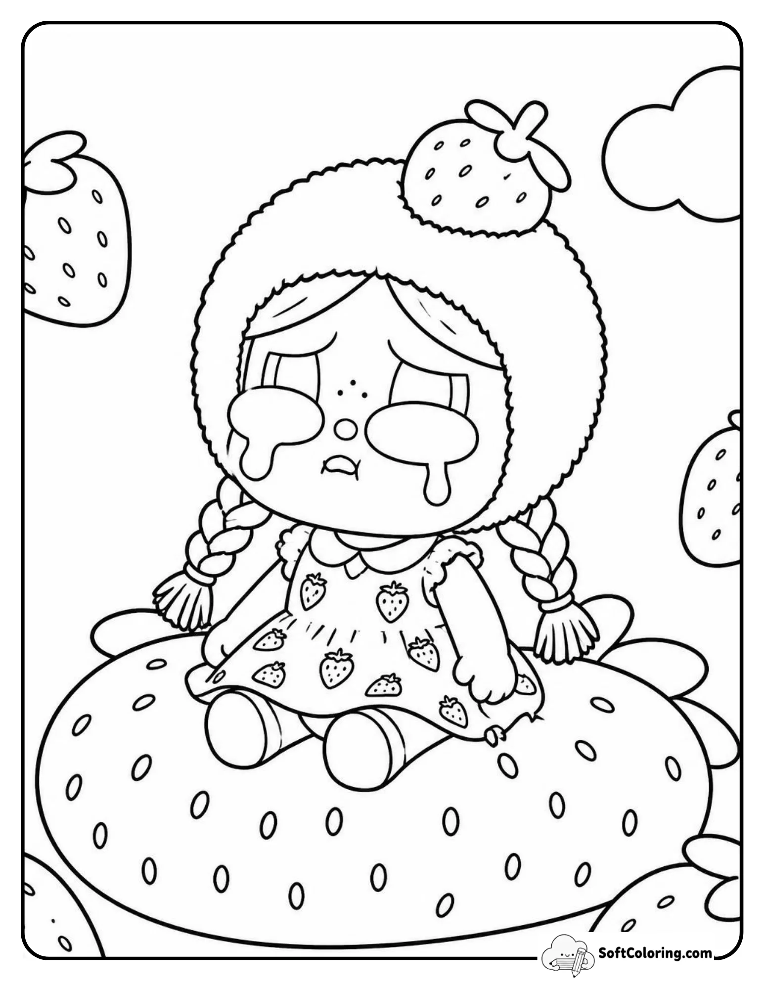 Cry Baby Popmart Strawberry Outfit Sitting On Giant Coloring Page