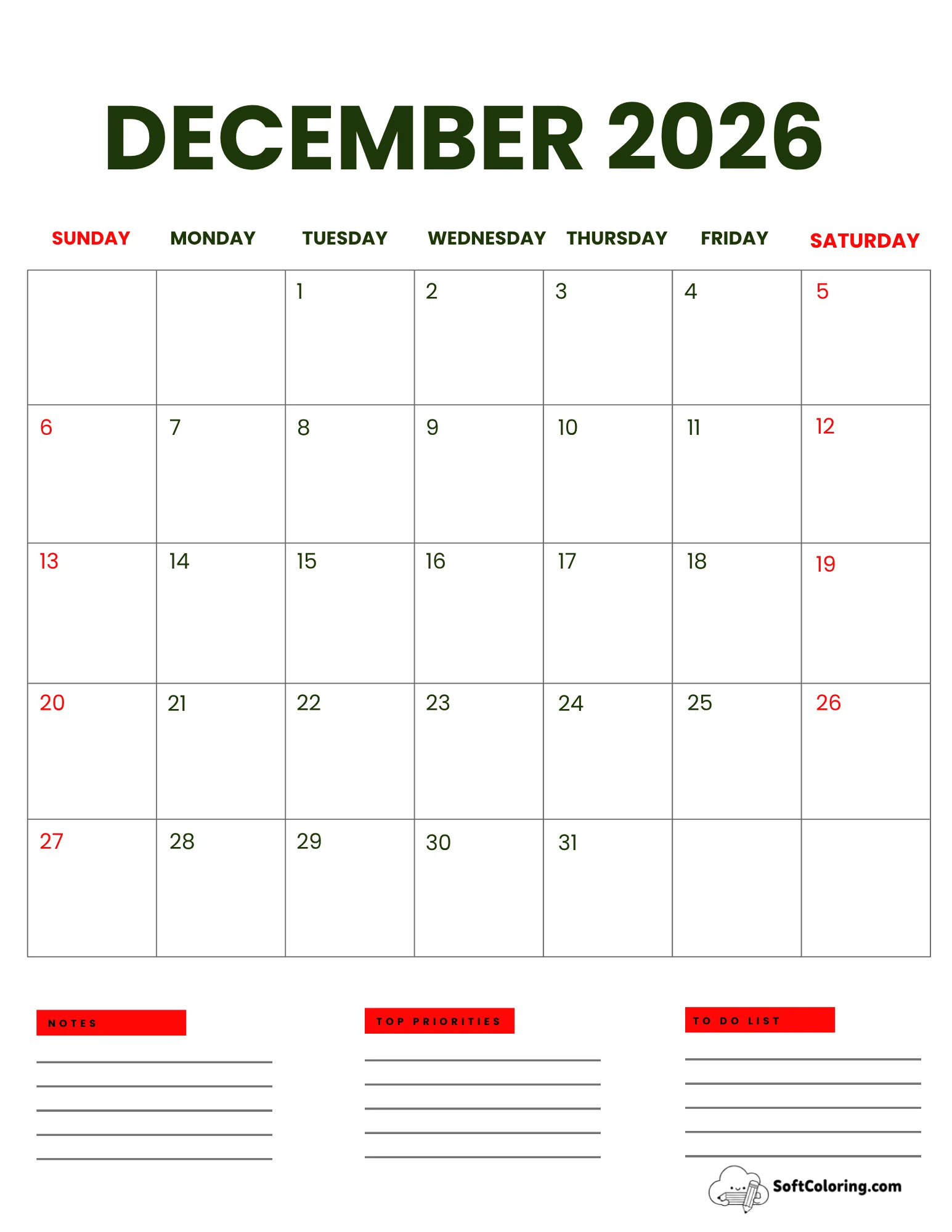 December 2026 Calendar Printable Business Portrait