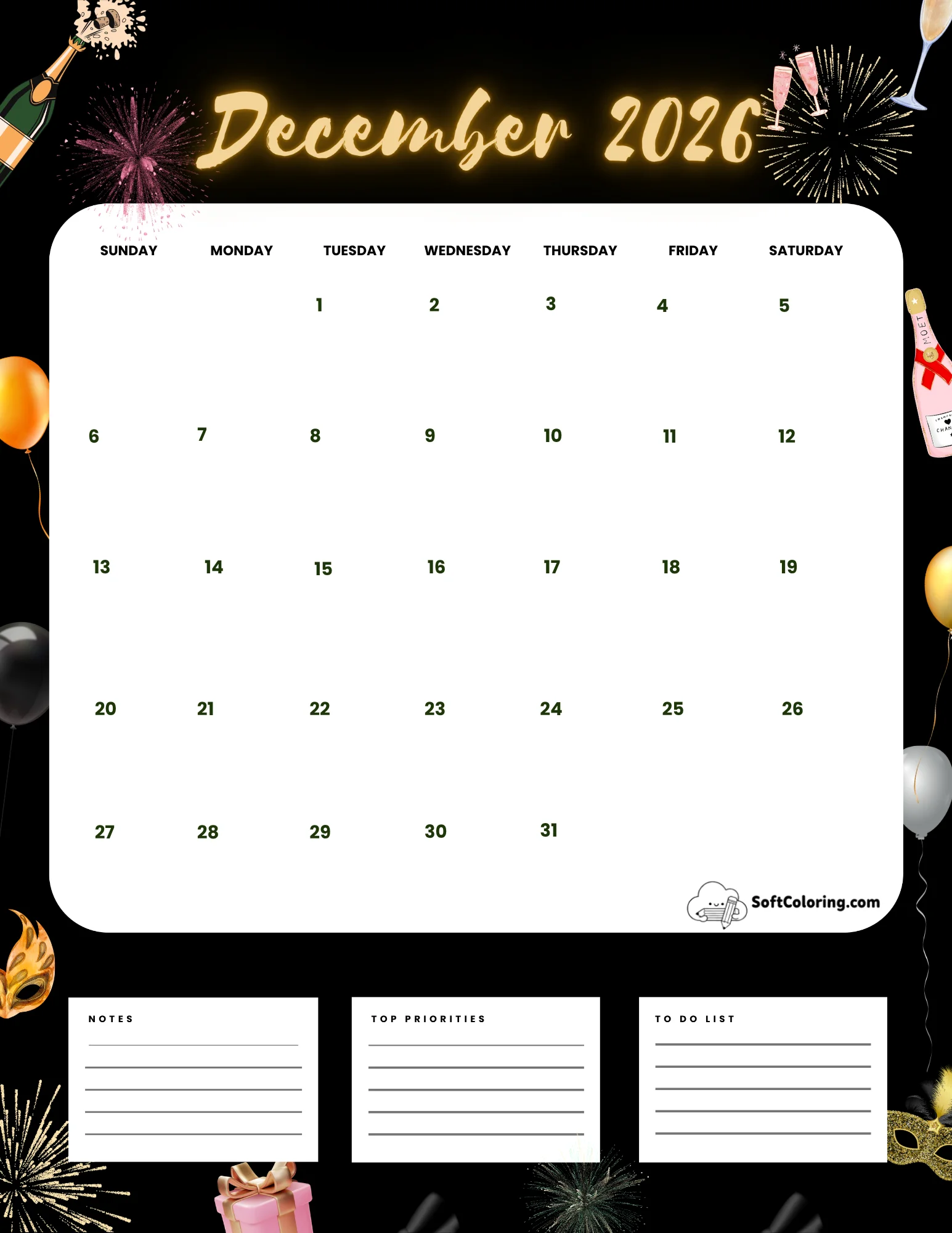 December 2026 Calendar Printable Celebration Portrait