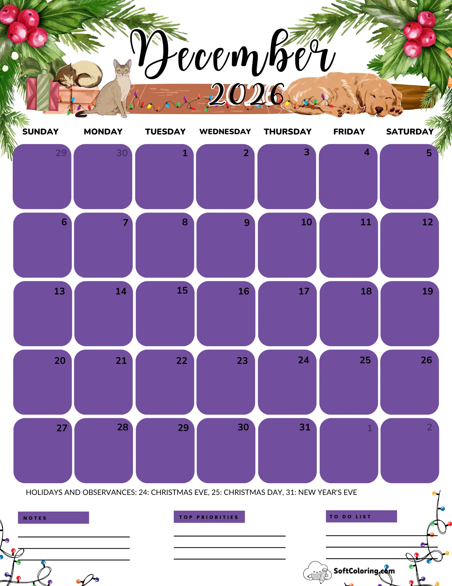 December 2026 Calendar Printable Christmas Portrait