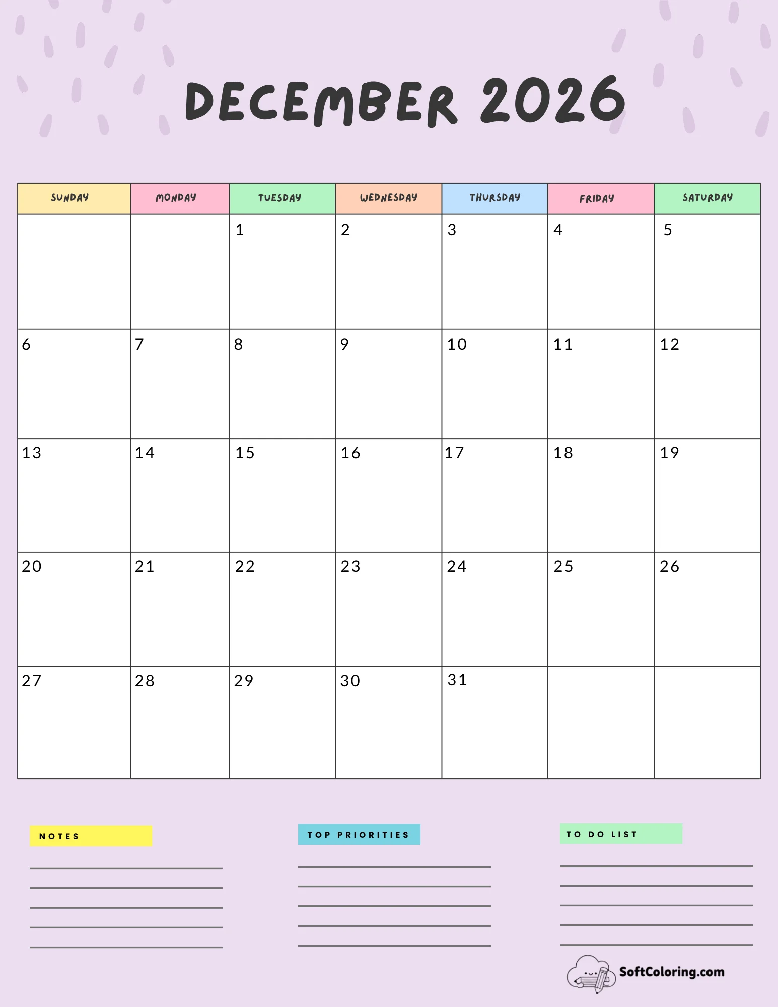 December 2026 Calendar Printable Colorful Portrait