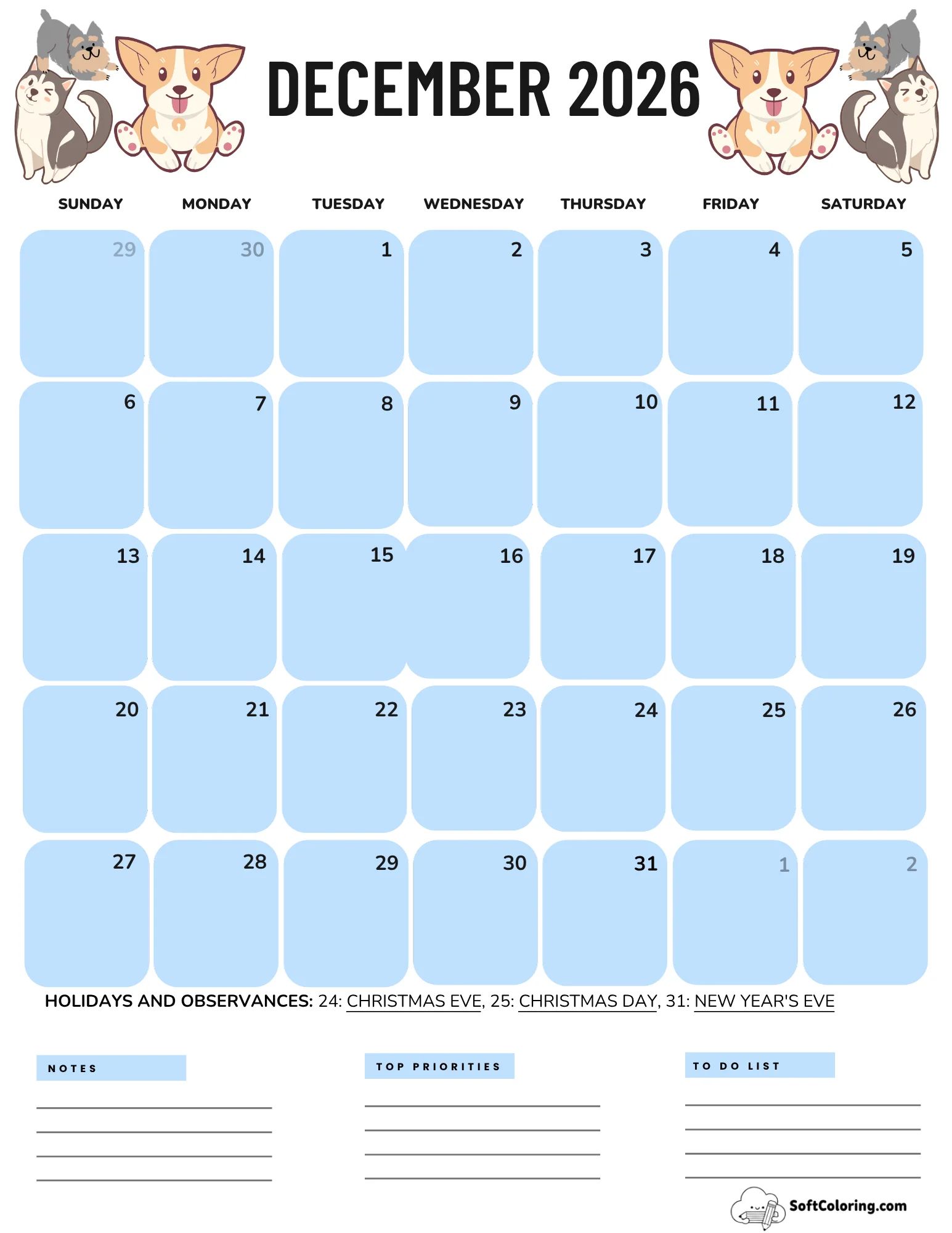 December 2026 Calendar Printable Dogs Portrait