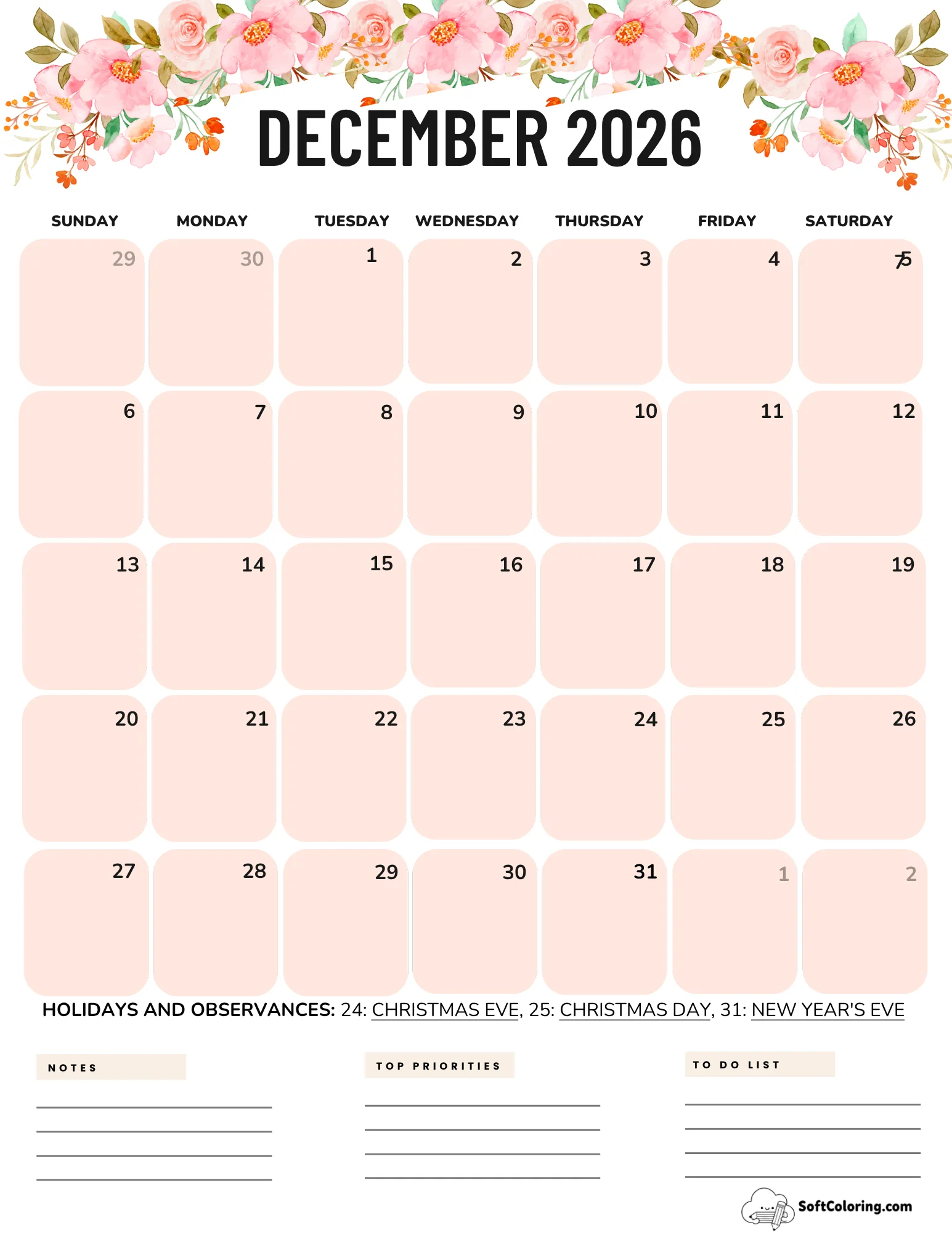 December 2026 Calendar Printable Flowers Portrait