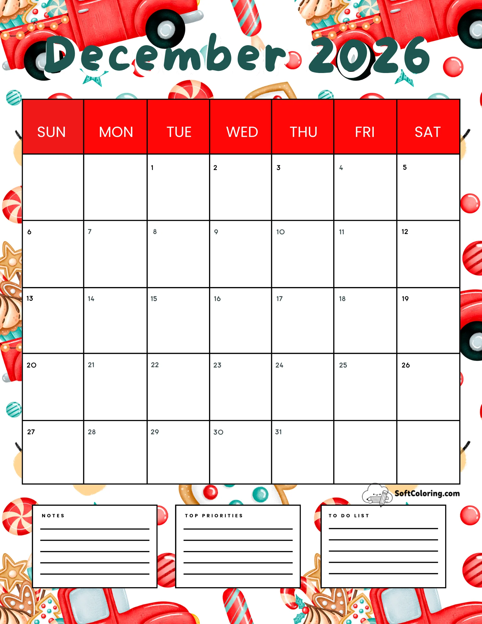 December 2026 Calendar Printable Gingerbread Portrait
