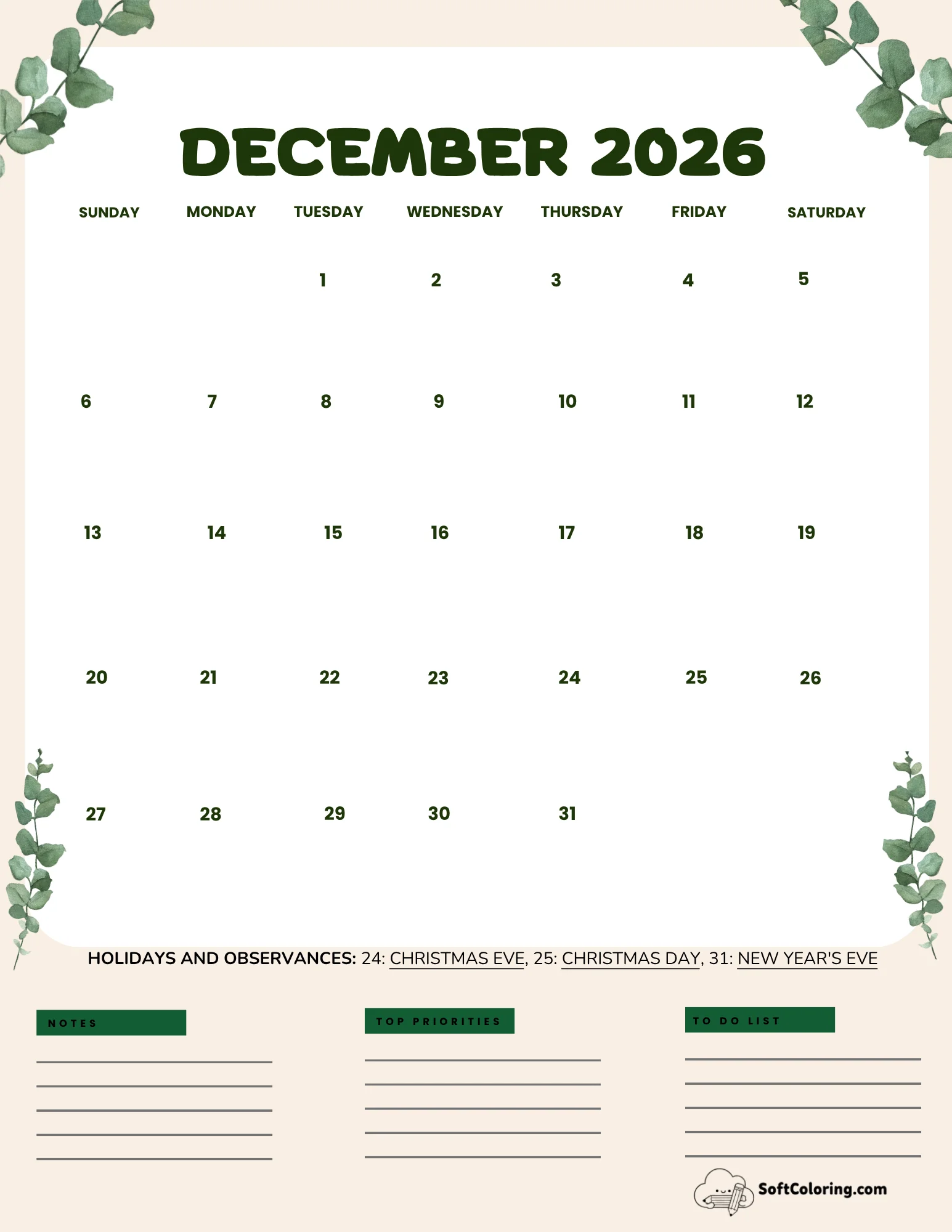 December 2026 Calendar Printable Leaves Portrait
