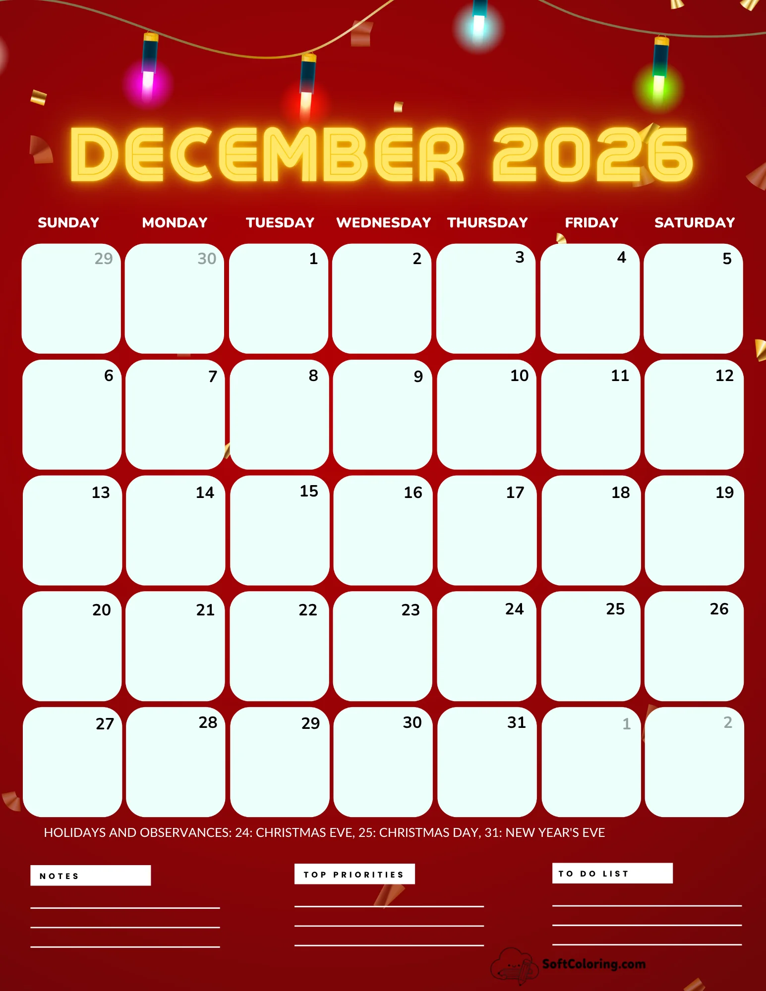 December 2026 Calendar Printable Lights Portrait