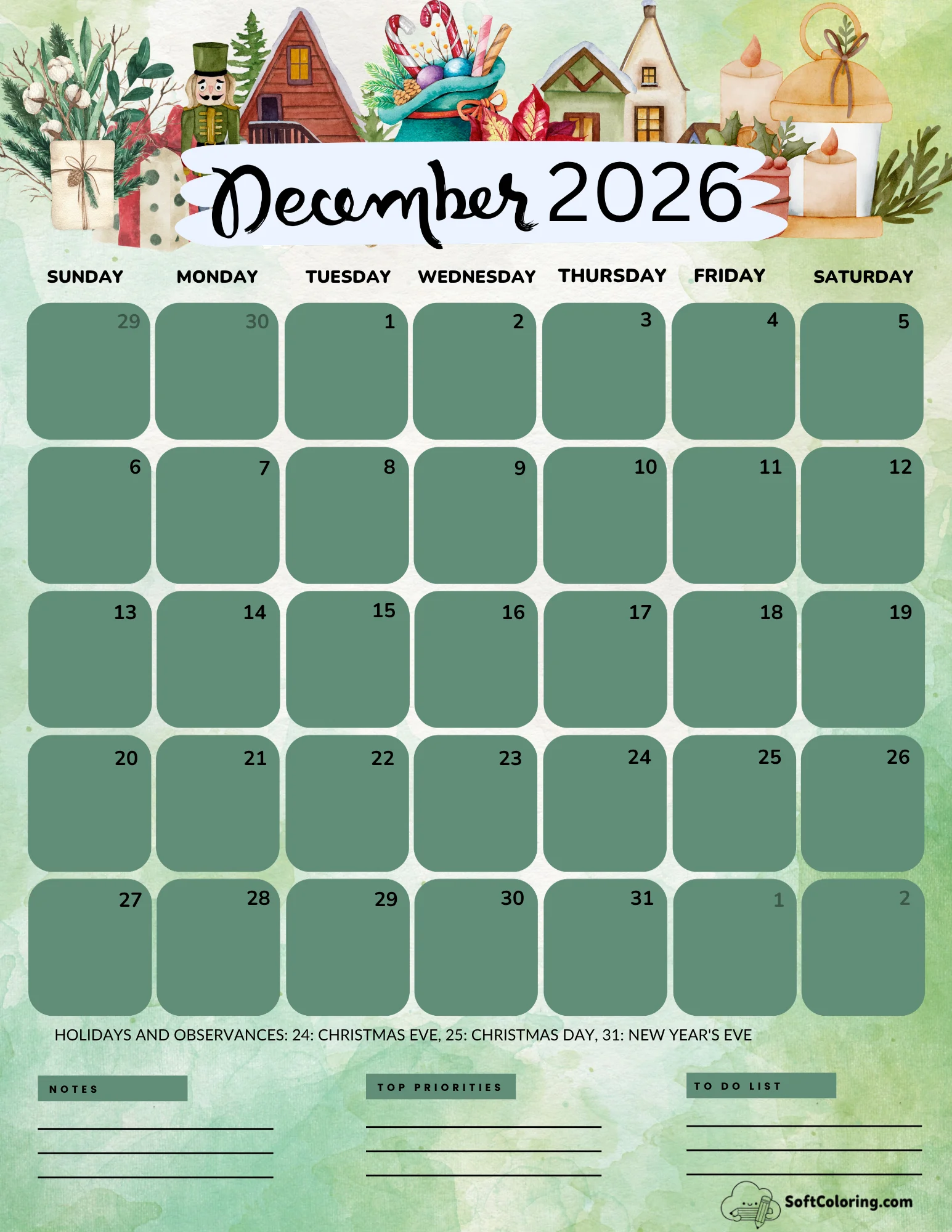 December 2026 Calendar Printable Presents Portrait