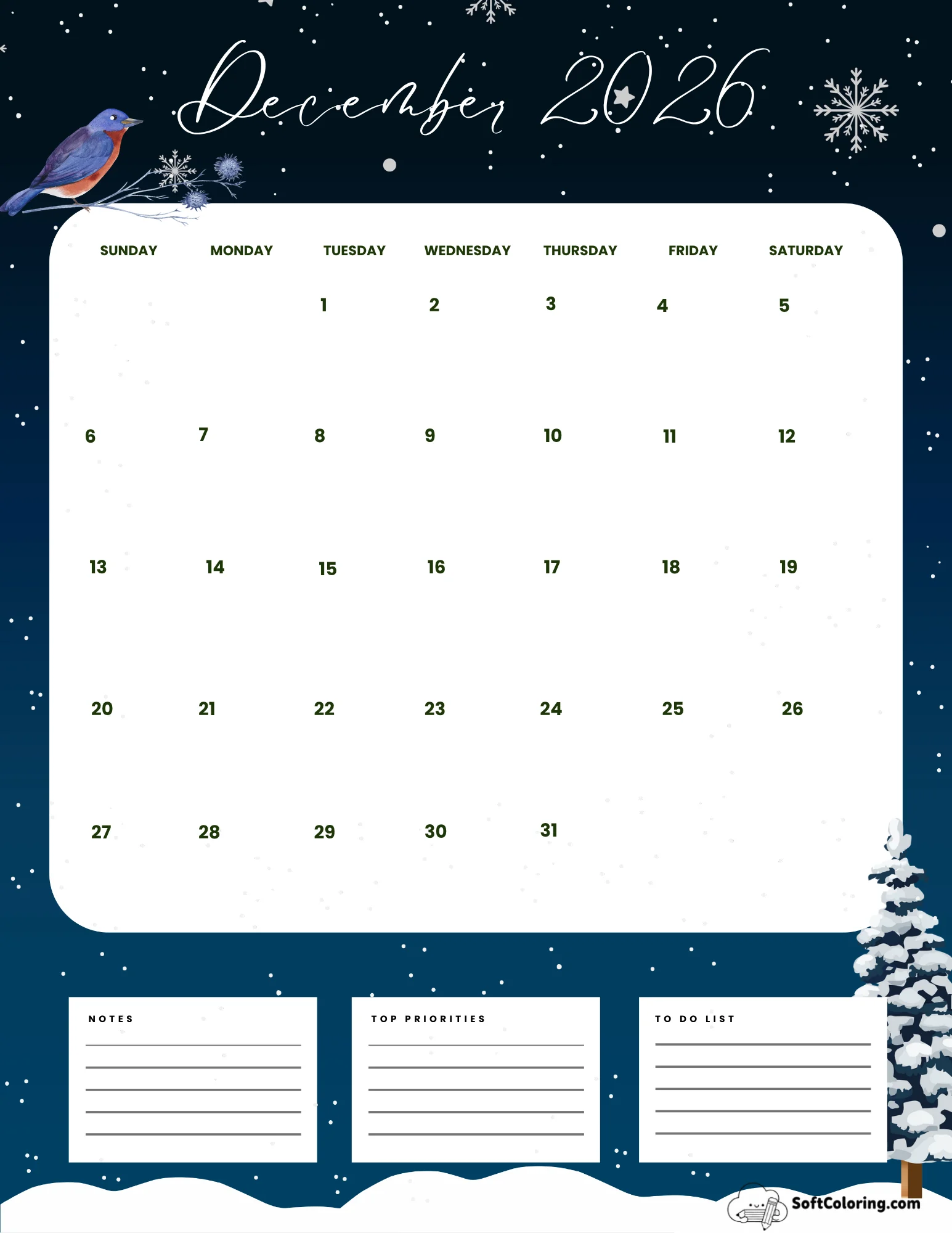 December 2026 Calendar Printable Snow Portrait