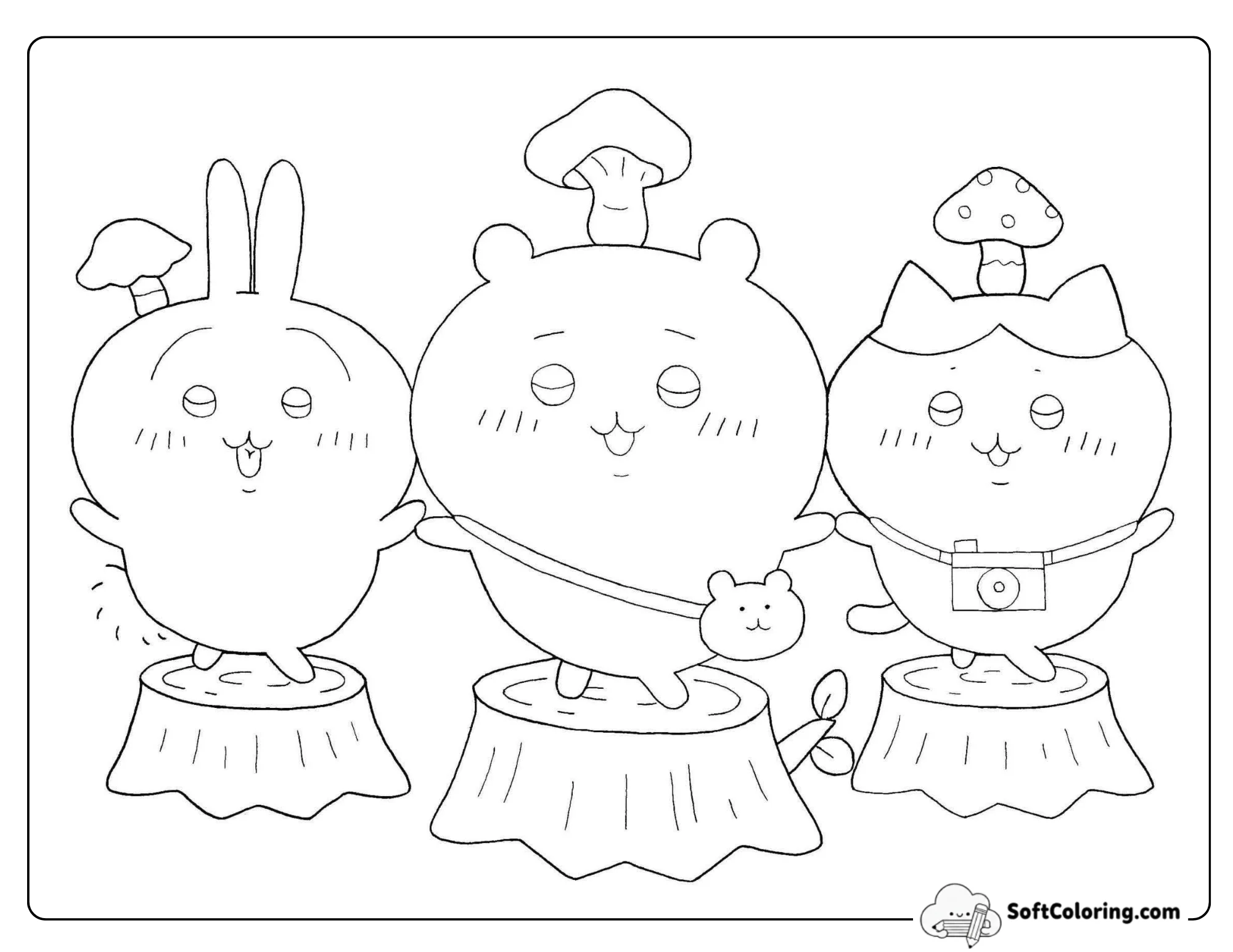 Usagi Chiikawa And Hachiware With Mushrooms On Tree Stumps