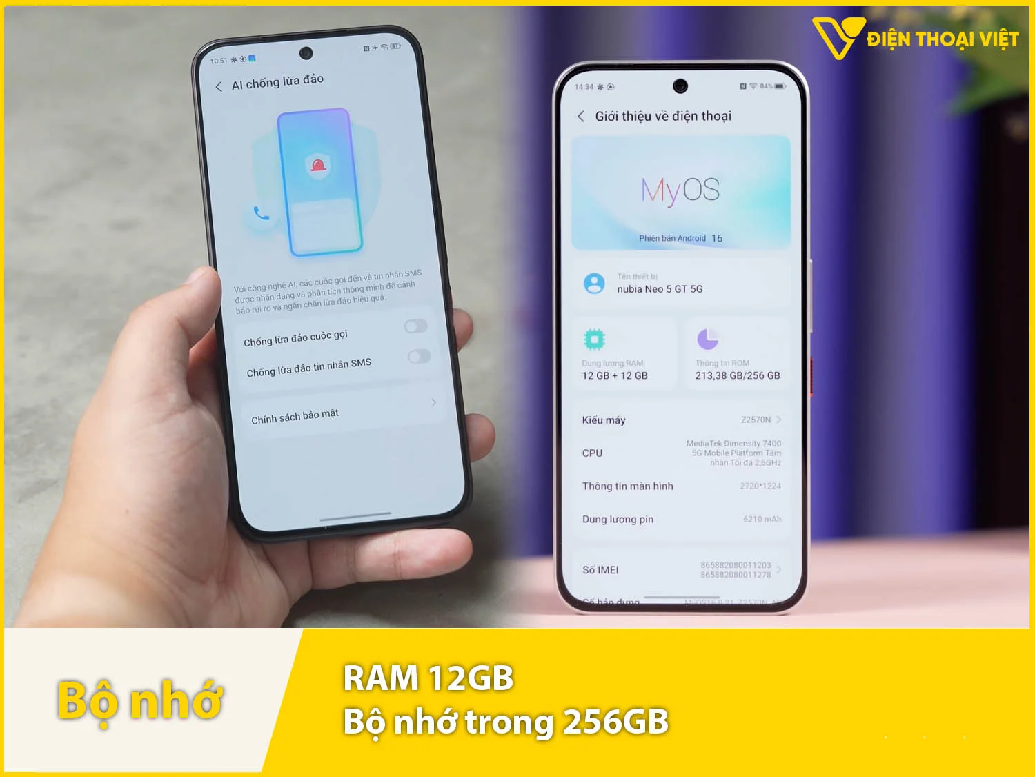 Nubia Neo 5 GT Special được trang bị RAM 12GB, có khả năng xử lý mượt mà mọi tác vụ từ cơ bản đến phức tạp và bộ nhớ trong 256GB lưu trữ thoải mái