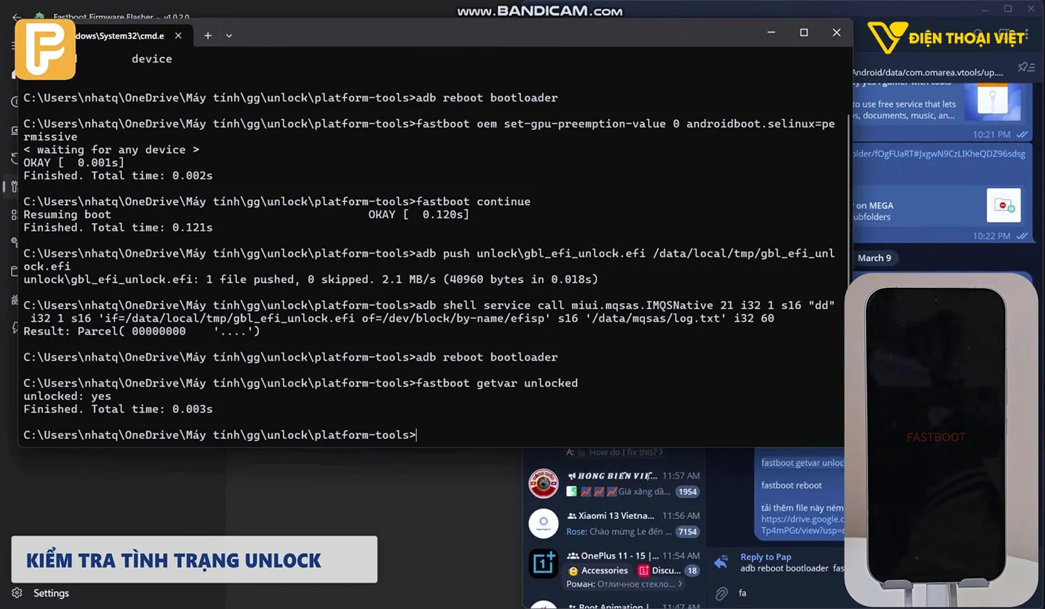 Gõ lệnh tiếp theo là: fastboot getvar unlocked, rồi bấm Enter.