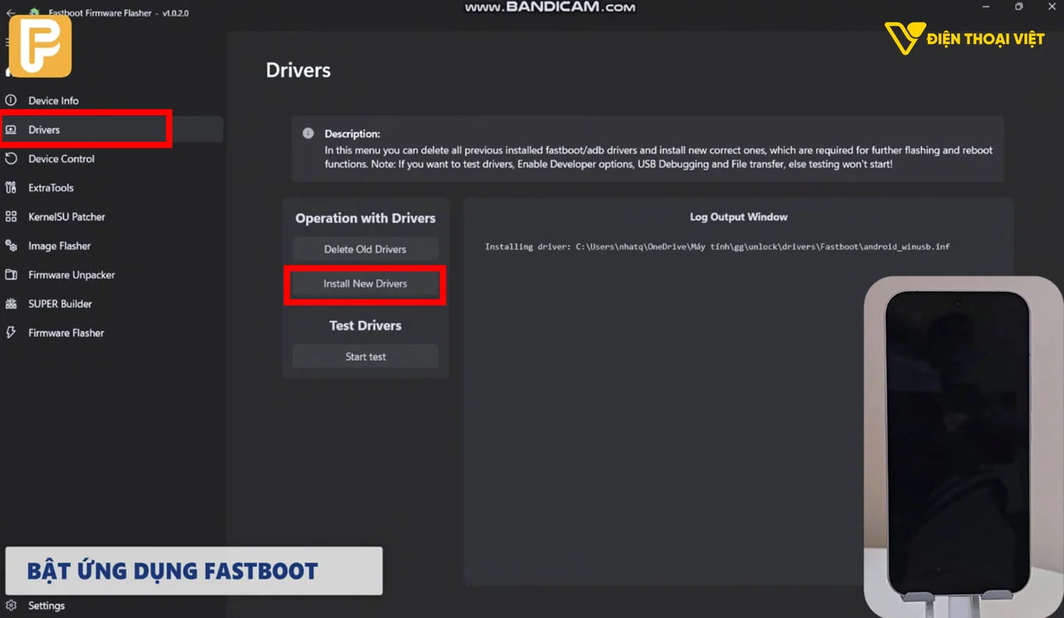 Chọn tab Driver và chọn Install new driver, đợi máy tự cài đặt trong 20 giây, khi có thông báo hiện lên, chọn Close.