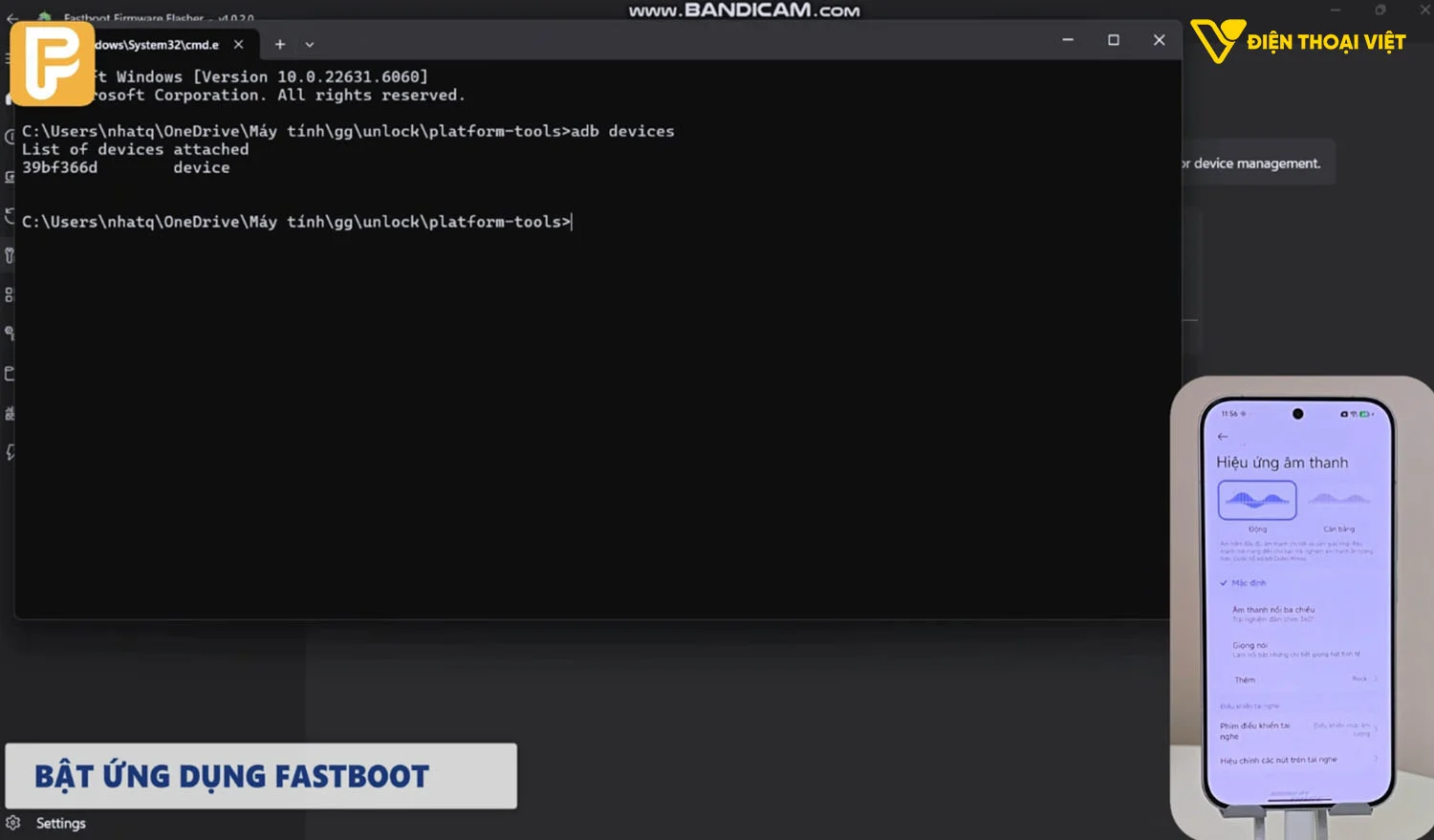 Gõ dòng lệnh: adb device, sau đó bấm Enter, hiện ID là chuỗi ký nghĩa là kết nối thành công với điện thoại.