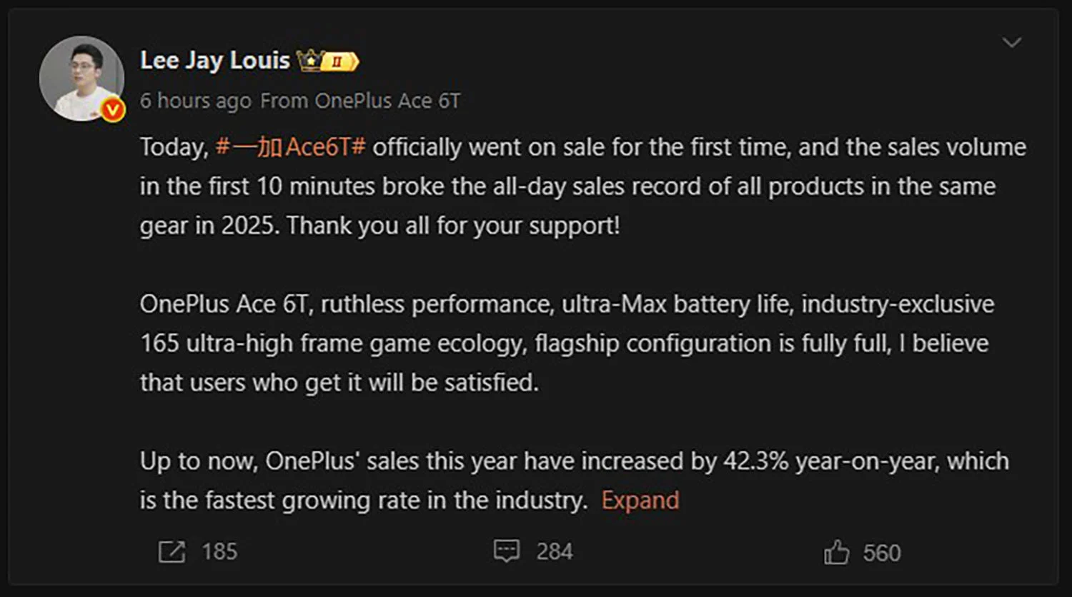 Bài đăng của Chủ tịch OnePlus Trung Quốc