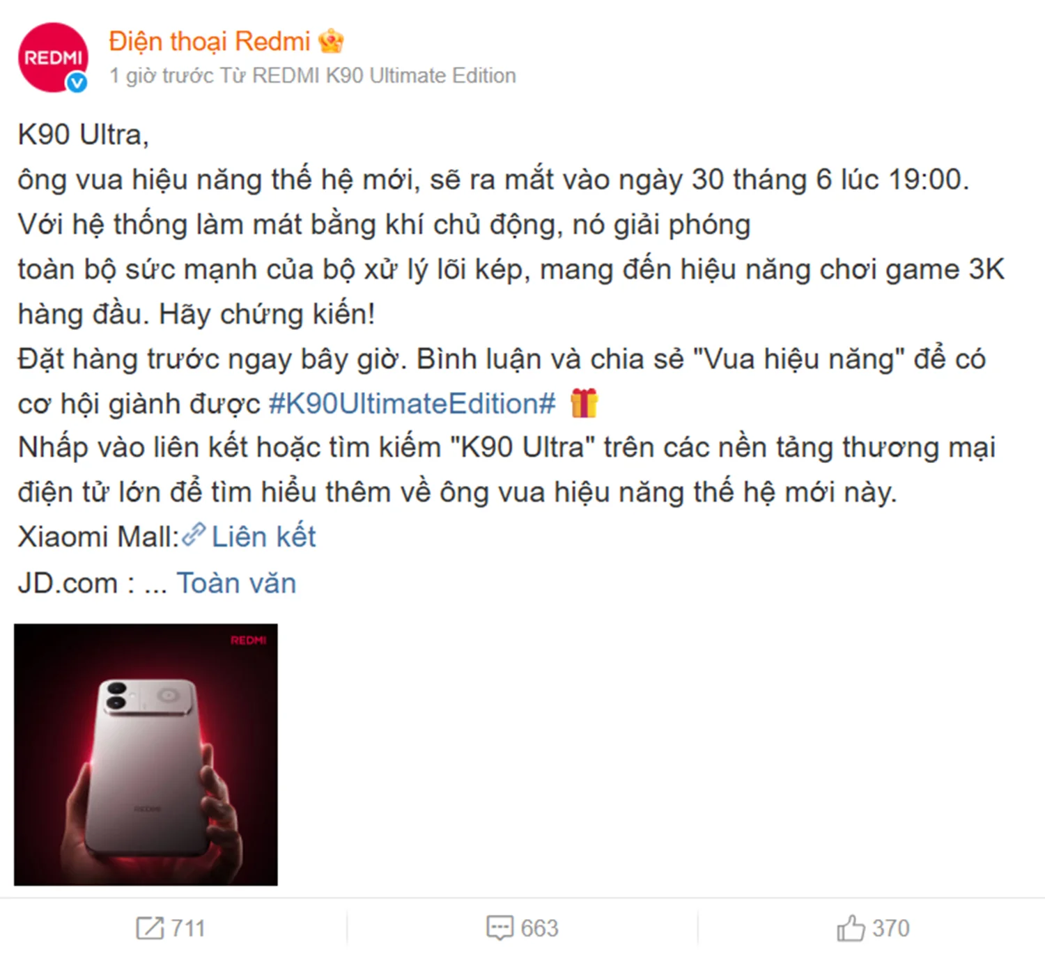 Bộ phận điện thoại di động REDMI chính thức của Xiaomi thông báo