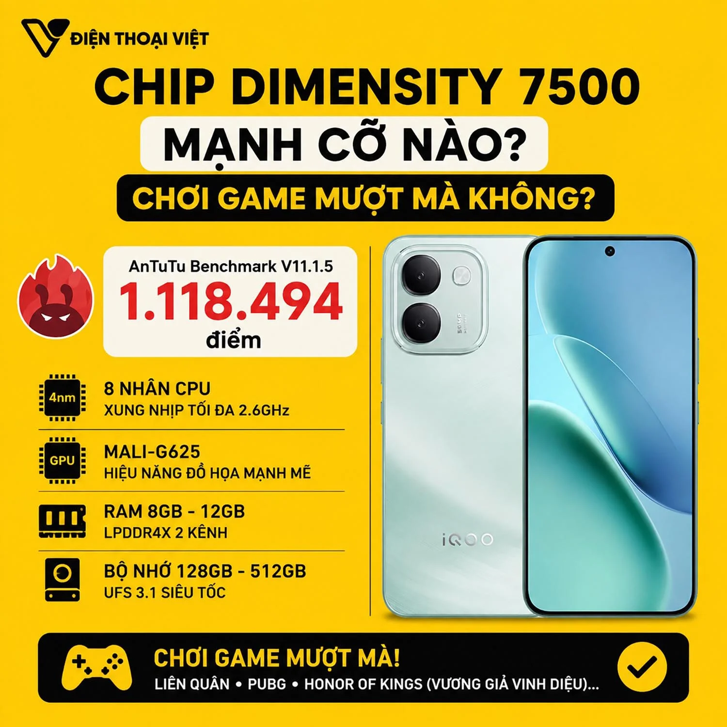 Chip Dimensity 7500 với 1.118.494 điểm AnTuTu trên iQOO Z11S mạnh cỡ nào?
