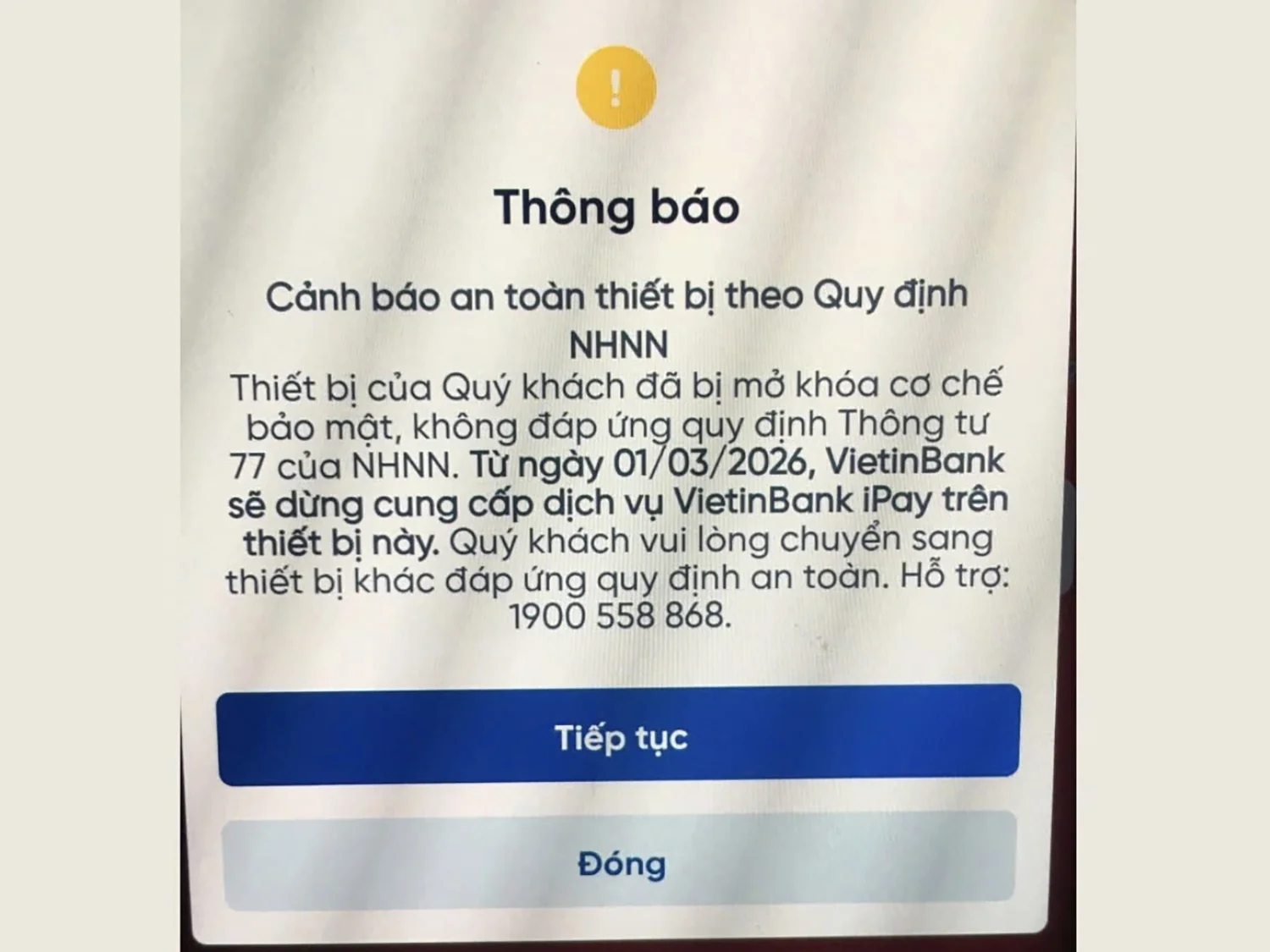 VietinBank từ chối đăng nhập điện thoại không đảm bảo tính bảo mật