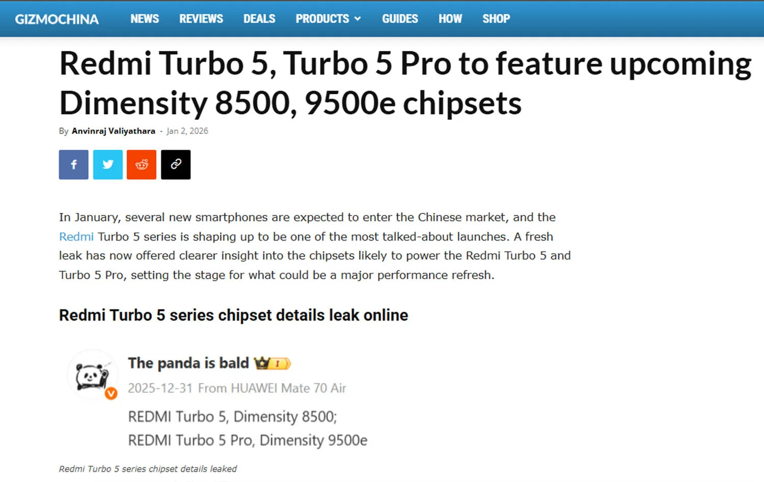 Thông tin chip của dòng REDMI Turbo 5 (nguồn Gizmochina)