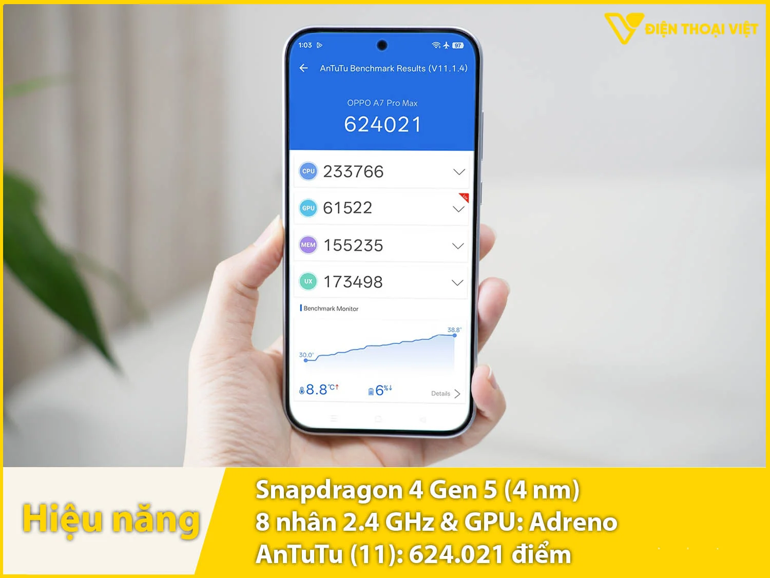 OPPO A7 Pro Max sở hữu chip Snapdragon 4 Gen 5 đạt 624.021 điểm AnTuTu