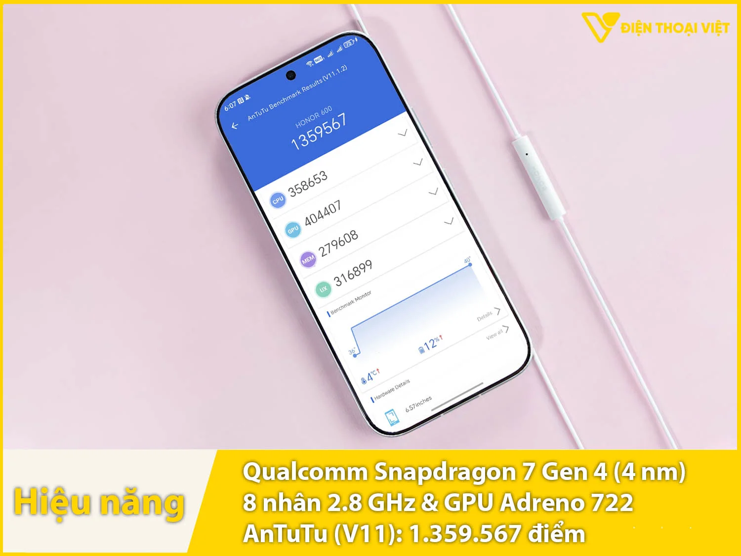 Honor 600 chạy chip Snapdragon 7 Gen 4 đạt 1.359.567 điểm AnTuTu