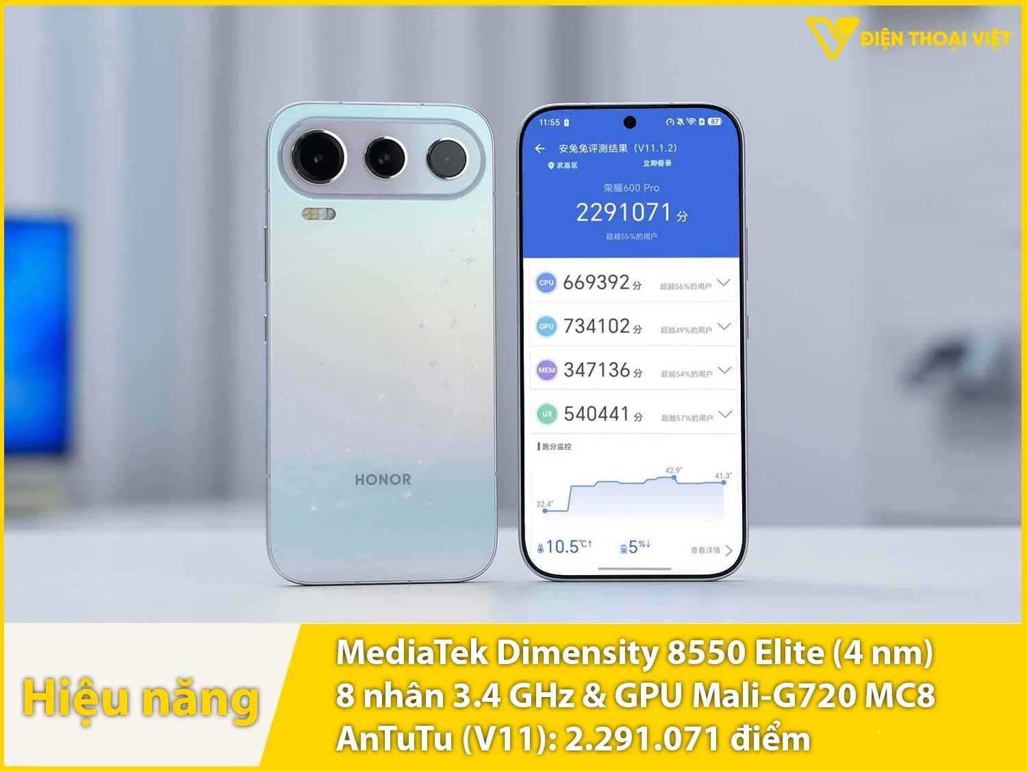 Honor 600 Pro sở hữu chip Dimensity 8550 Elite - 2.291.071 điểm AnTuTu