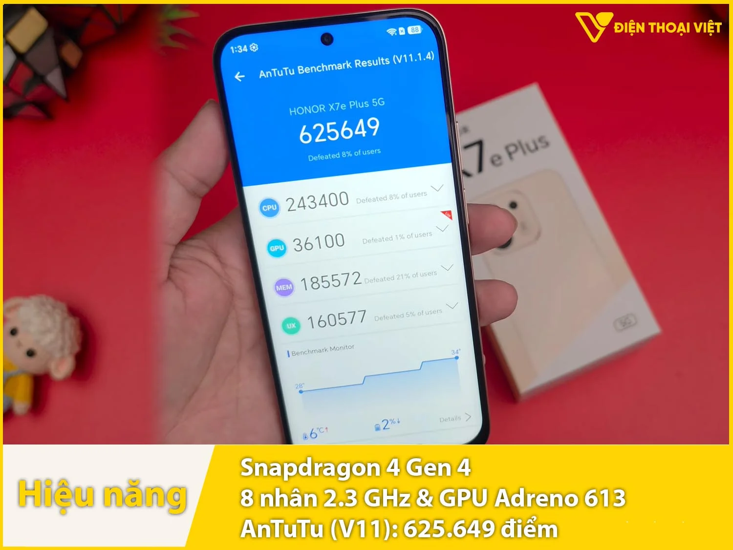 Honor X7e Plus có chip Snapdragon 4 Gen 4 dạt 625.649 điểm AnTuTu