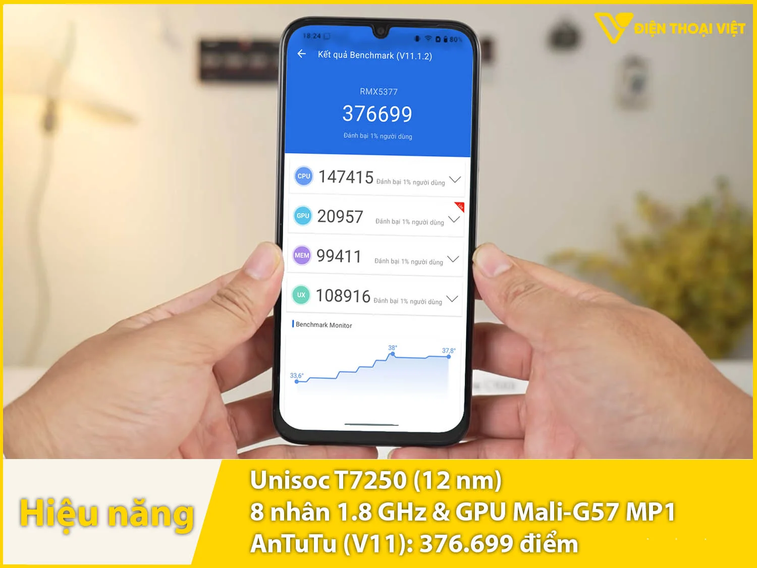 Realme C100i chạy chip Unisoc T7250 đạt 376.699 điểm AnTuTu