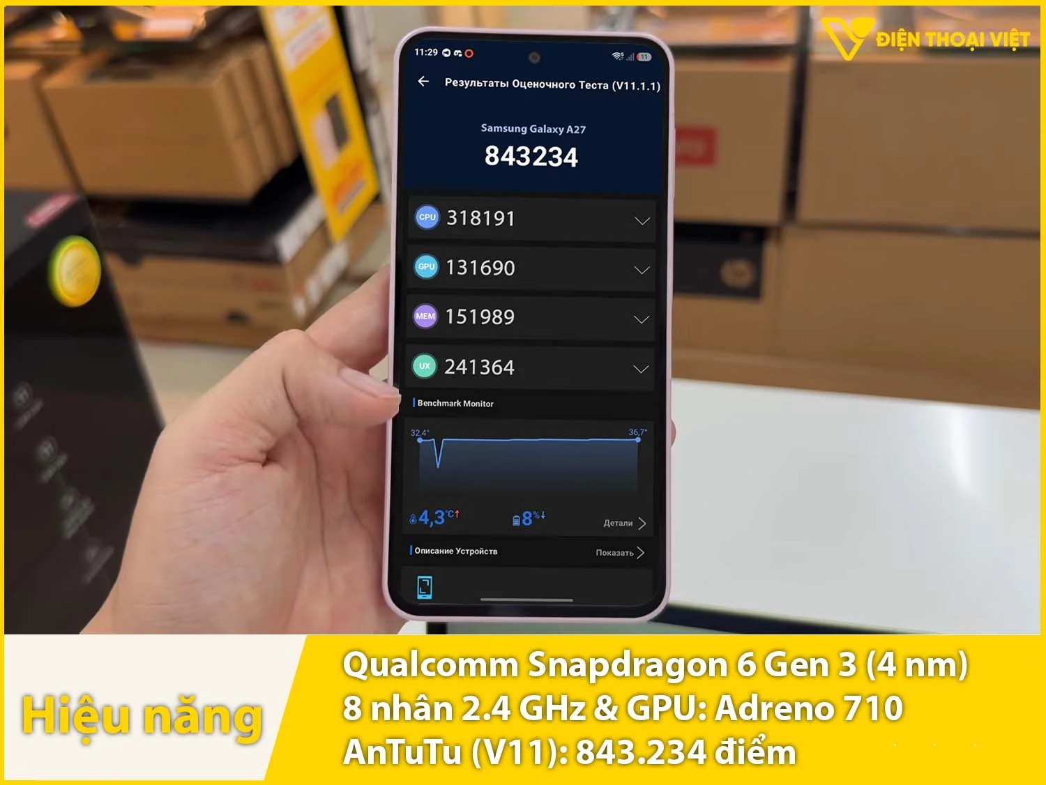Samsung Galaxy A27 5G có Chip Snapdragon 6 Gen 3 đạt 843.234 điểm AnTuTu