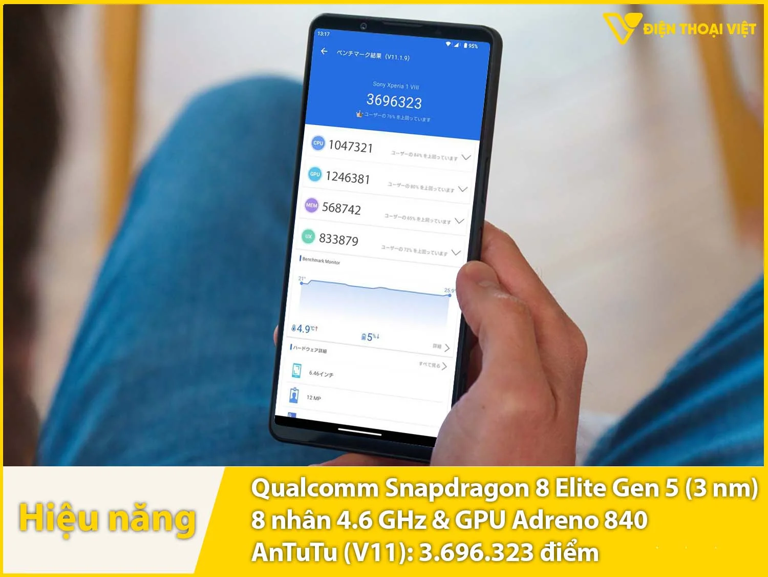 Sony Xperia 1 VIII có chip Snapdragon 8 Elite Gen 5 đạt 3.696.323 điểm AnTuTu
