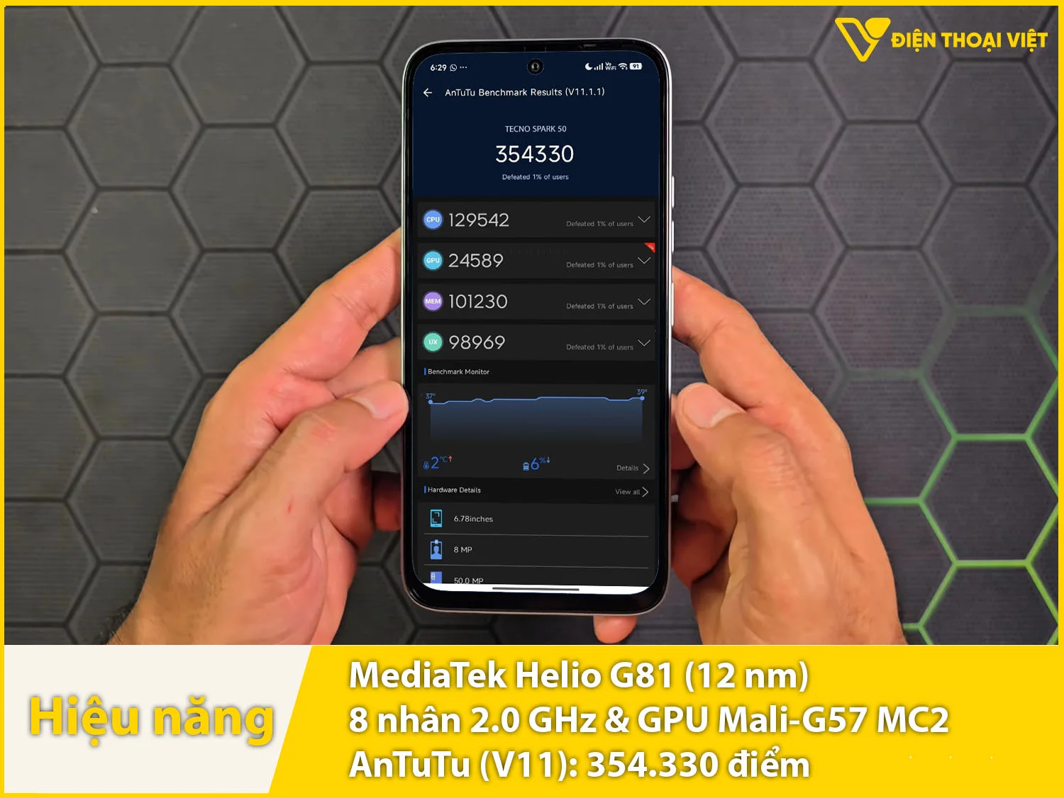 Spark 50 sử dụng chip Helio G81 đạt 354.330 điểm AnTuTu