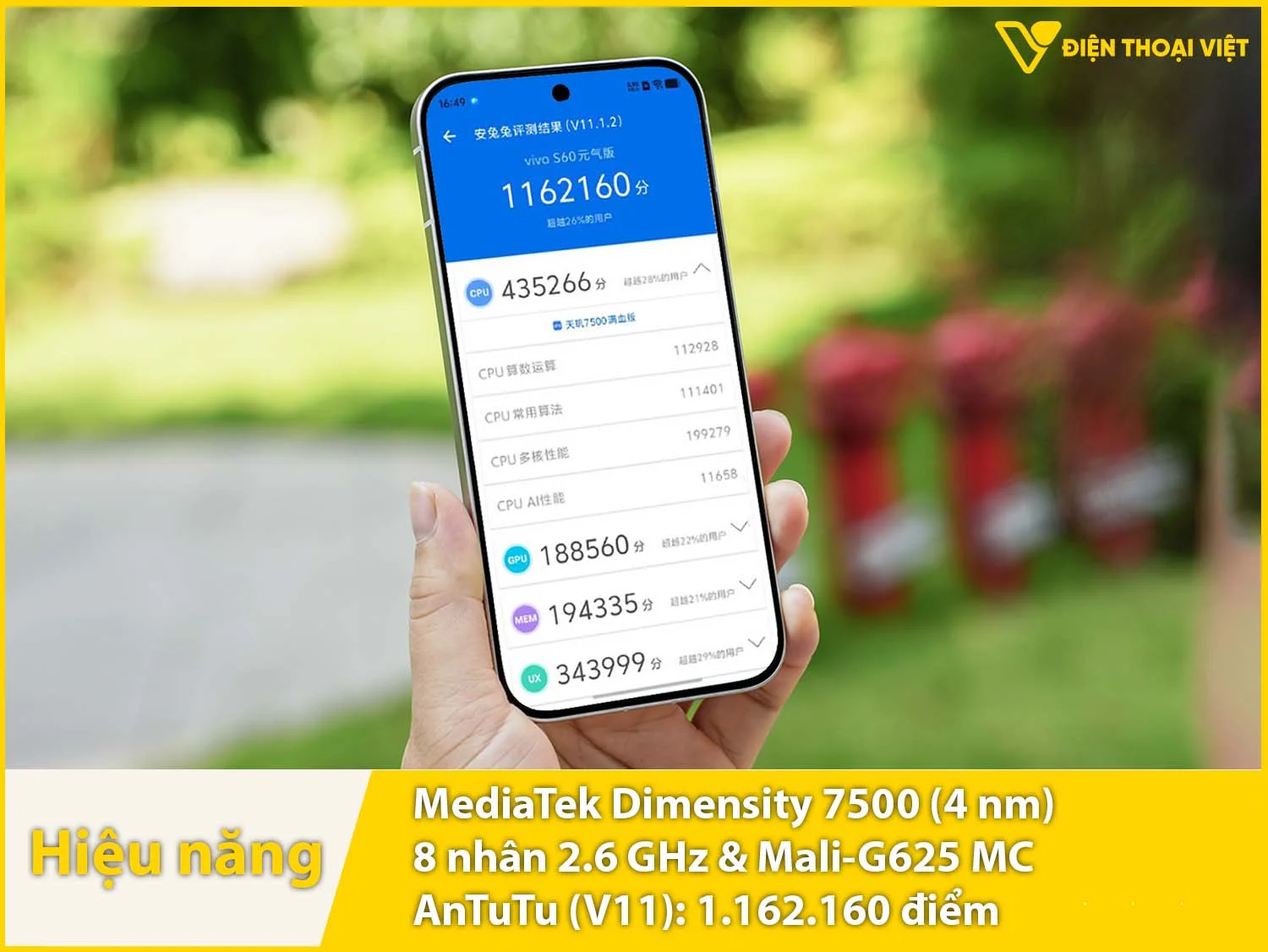 Vivo S60 Vitality Dimensity 7500 đạt 1.162.160 điểm AnTuTu