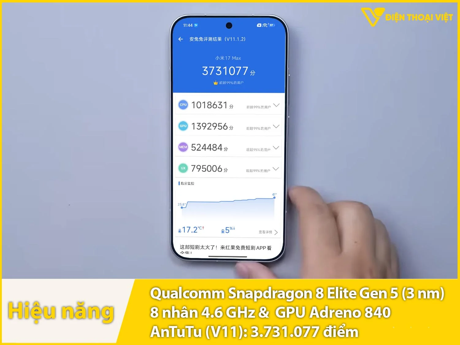 Mi 17 Max sở hữu chip Snapdragon 8 Elite Gen 5 đạt 3.731.077 điểm AnTuTu