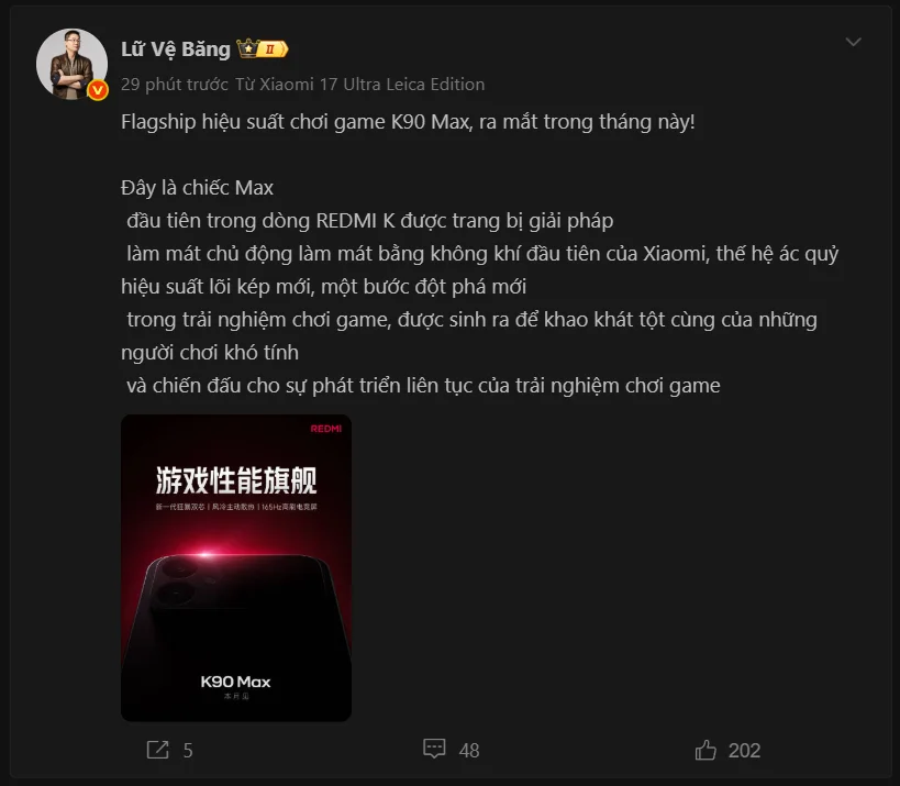 Dự kiến REDMI K90 Max sẽ ra mắt trong tháng tư năm nay