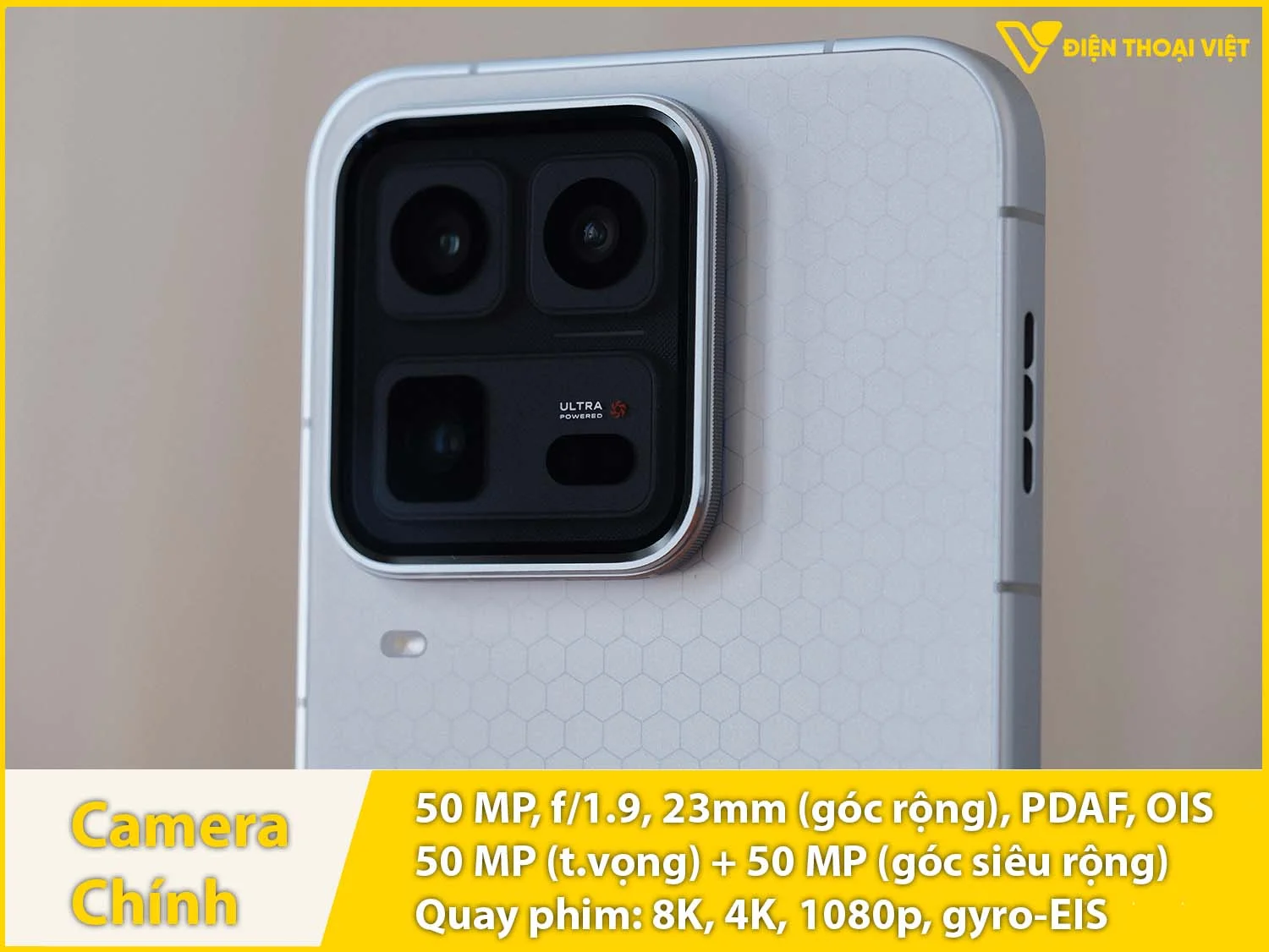 Camera sau 50MP + góc rộng 50MP + tele 50MP