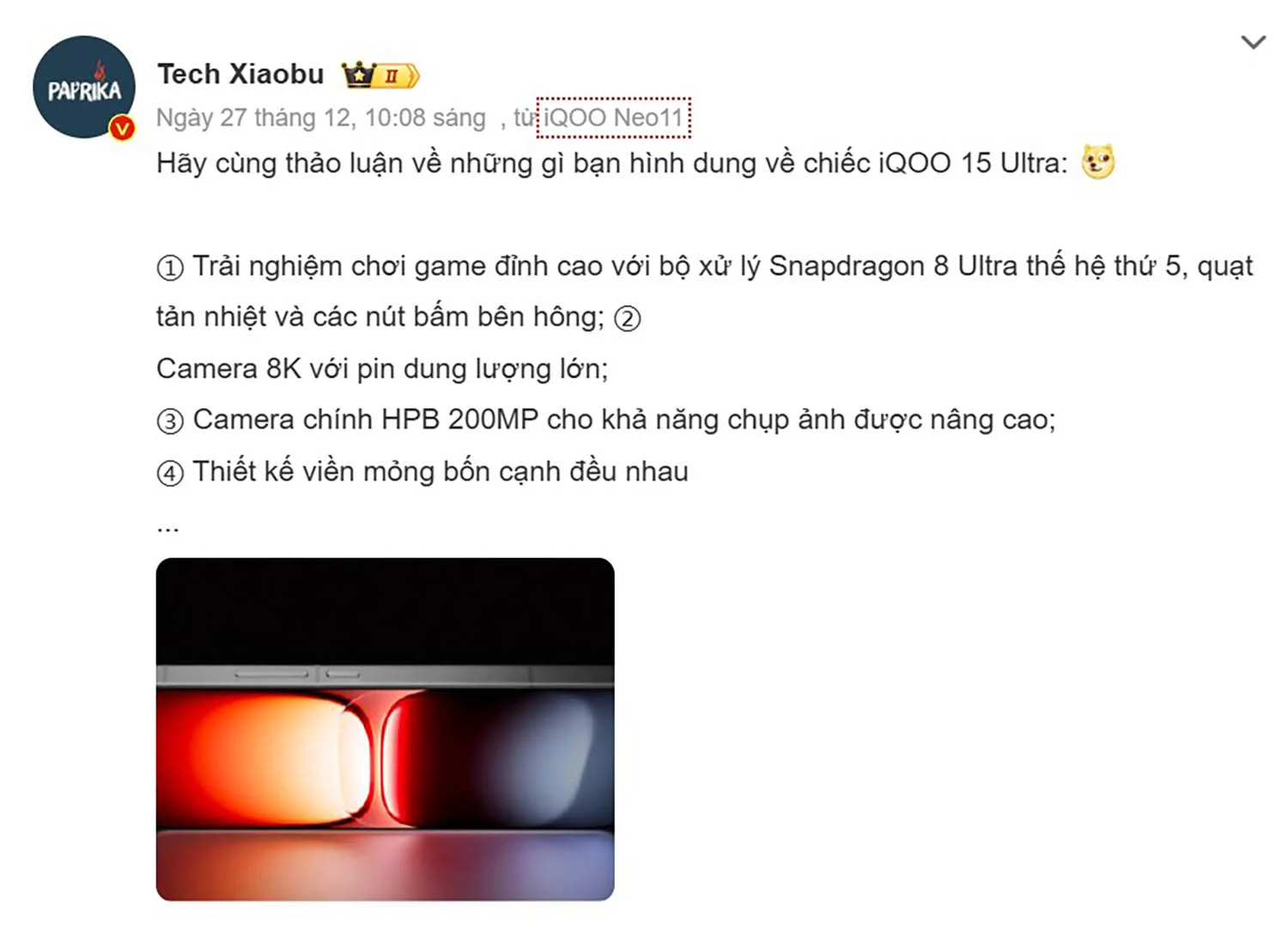 Thông số kỹ thuật dự kiến của iQOO 15 Ultra