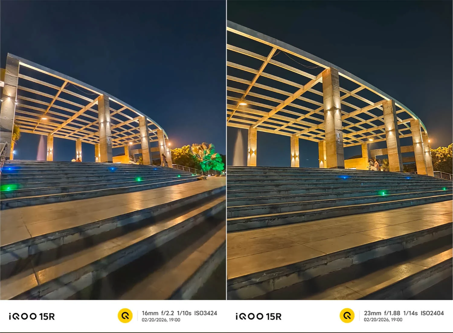 Ảnh chụp đêm phong cảnh: Ảnh góc siêu rộng bên trái và anh 1x ở bên phải