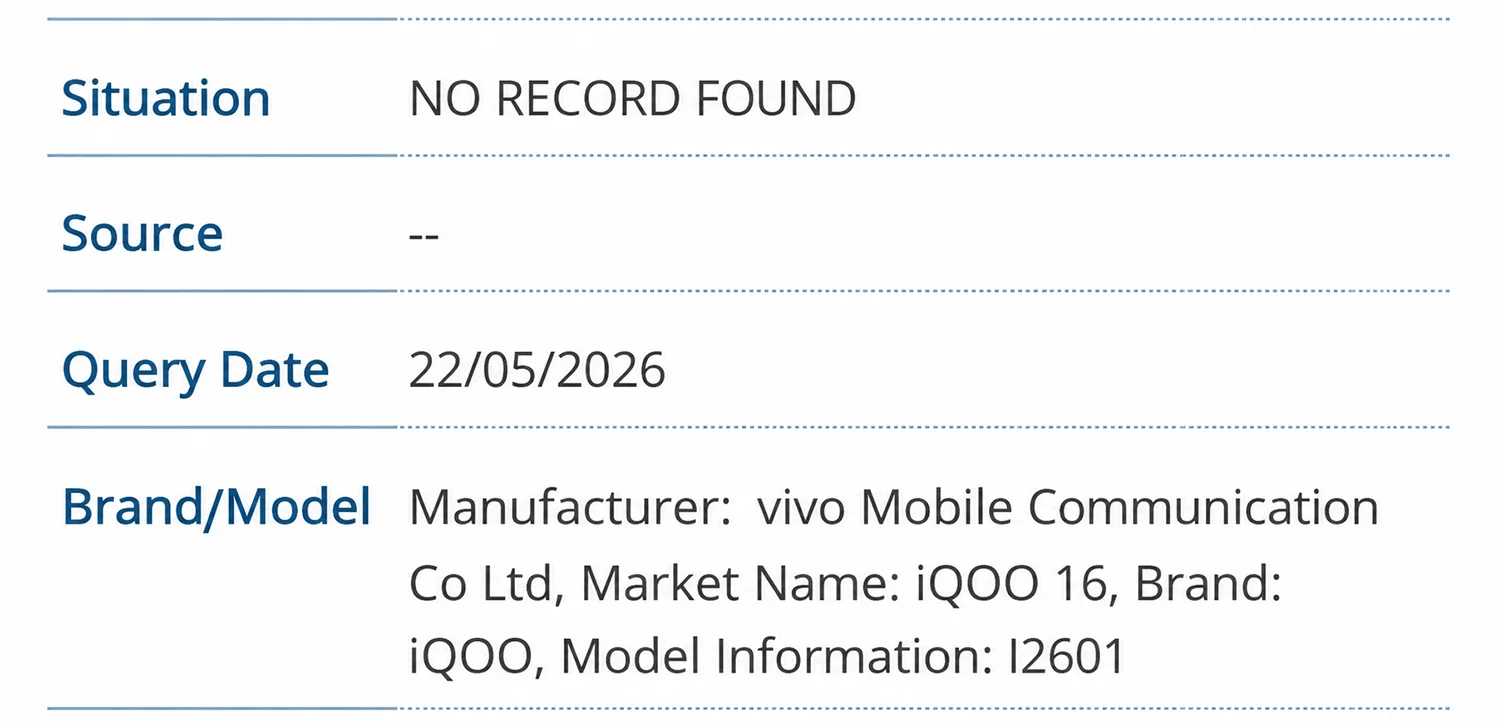 iQOO 16 được phát hiện trên cơ sở dữ liệu IMEI
