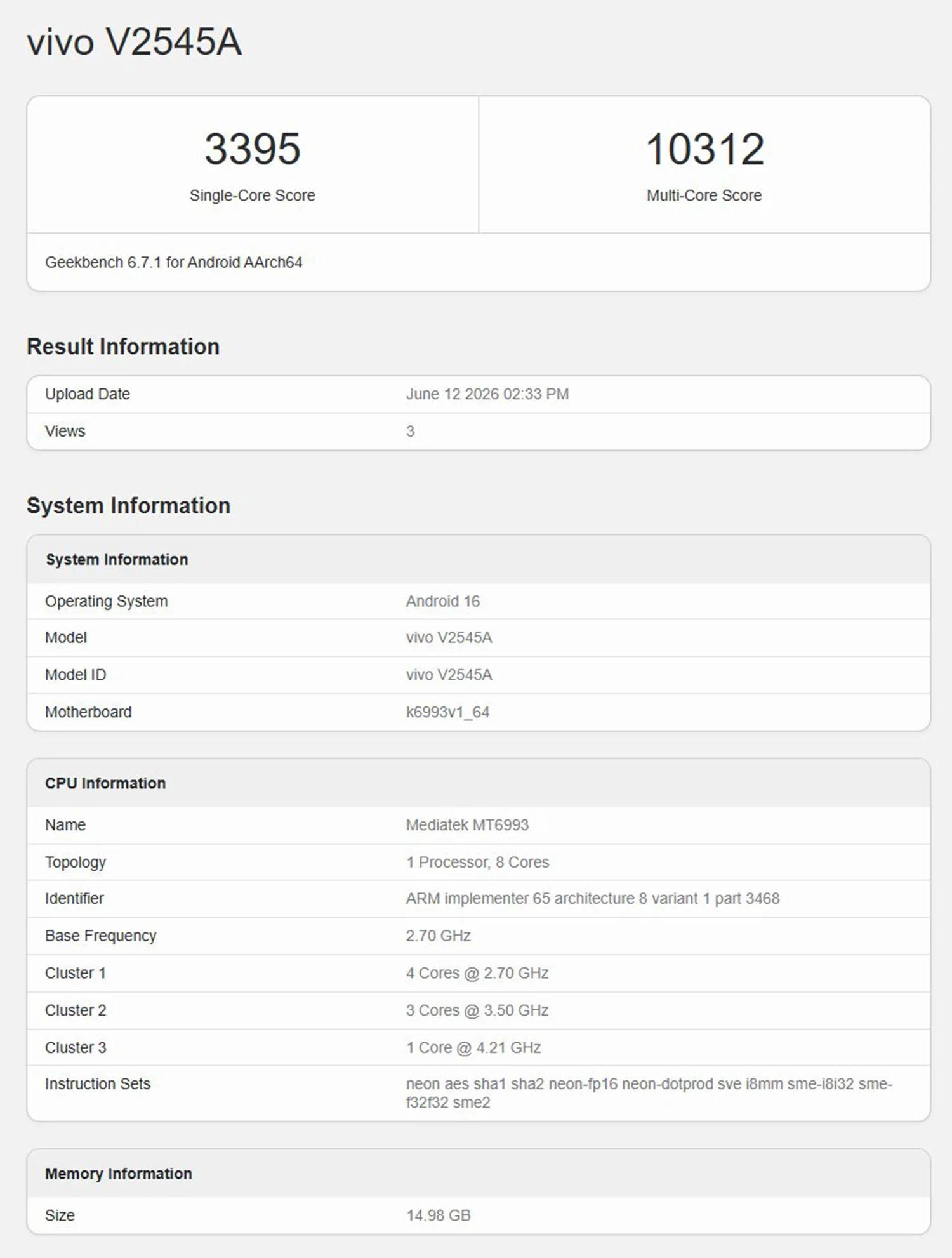 Thông tin từ Geekbench về V2545A