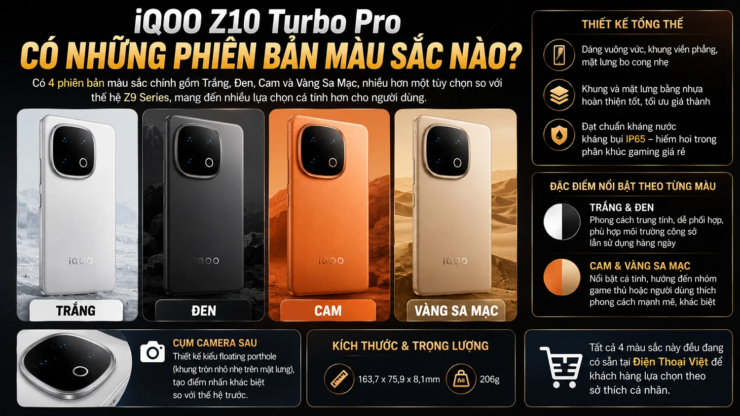 Có 4 phiên bản màu sắc chính của iQOO Z10 Turbo Pro gồm Trắng, Đen, Cam và Vàng Sa Mạc